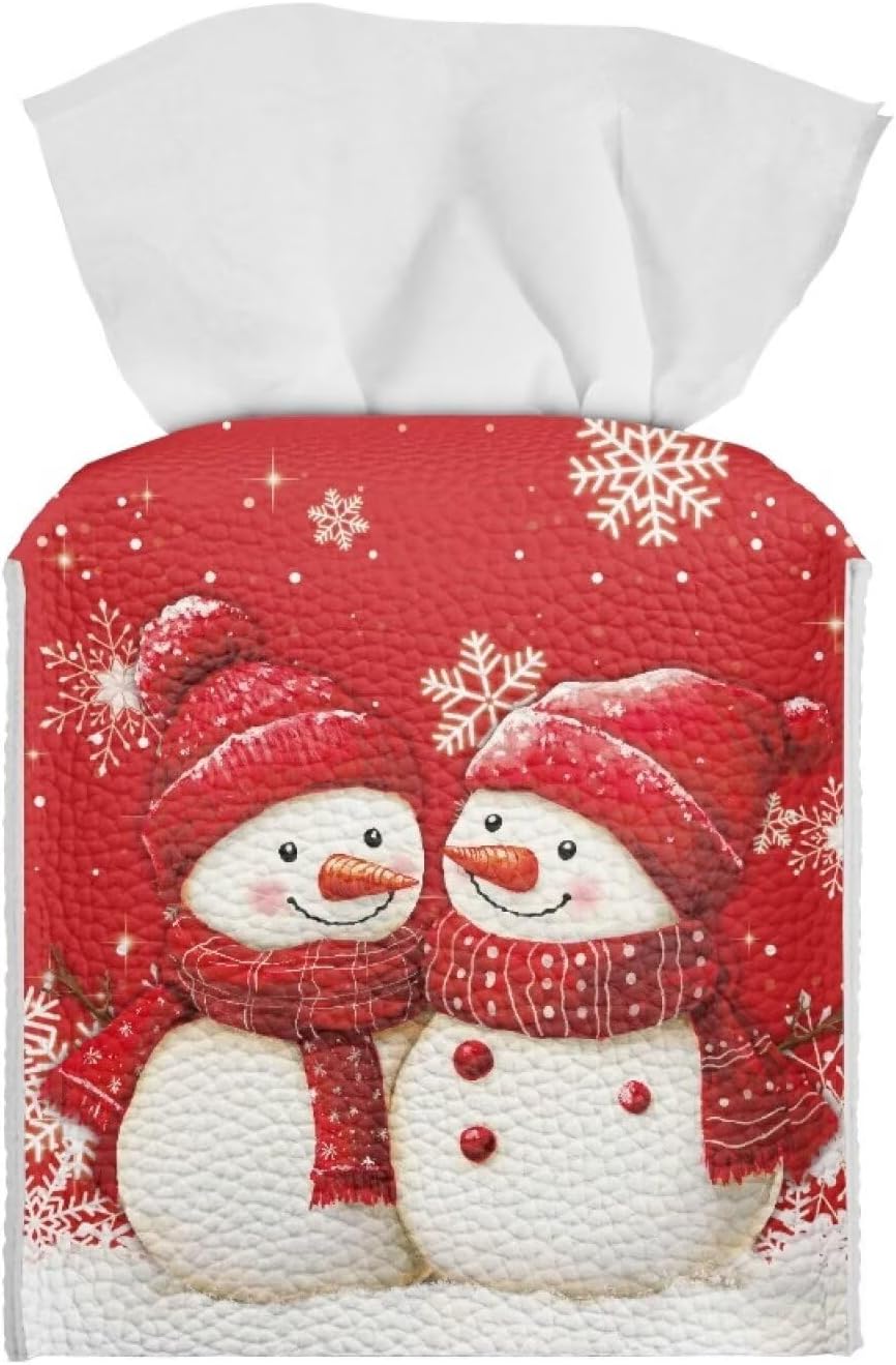 Cute Red Hat Scarf 2 Snowman Square Tissue Box Cover for Bathroom with Bottom Belt, Cube Napkin Facial Paper Organizer Leather Home Decorative Organizer Cute, Easy to Use