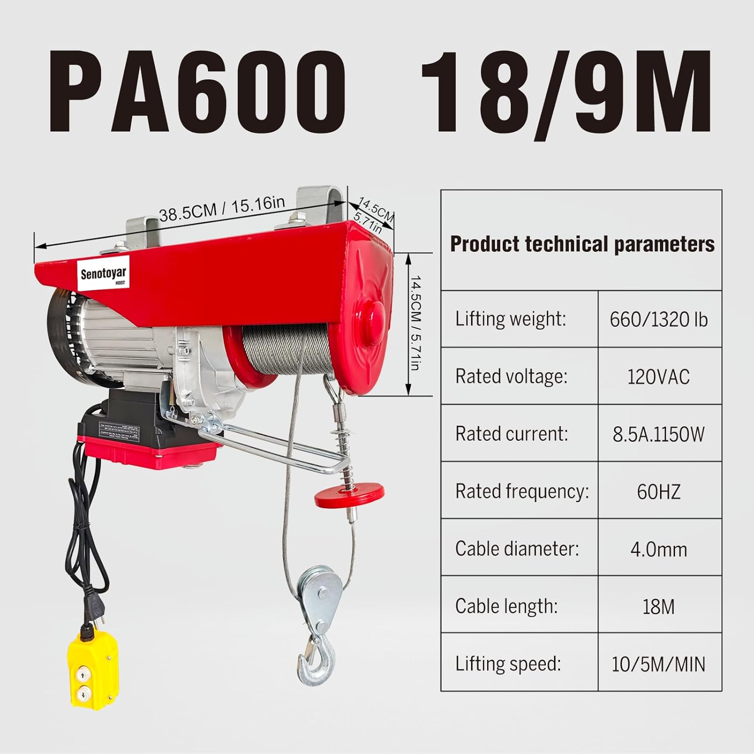 Technical specifications table for Senotoyar PA600 electric hoist