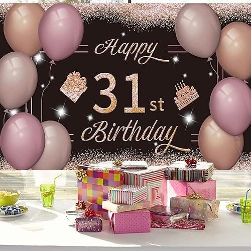 Miniatura 6 de Cartel de fondo de feliz cumpleaños 31 de color negro y rosa con cartel número 31 de 31 para fiesta de cumpleaños para aniversario, cabina de fotos,