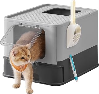 Feandrea Cat Litter Box with Lid with Extendable Tray, Shovel and Brush | Brush, roomy for cats up to 15 kg, smaller spores, dove grey and litter gray, BOXAL Collection PPT001B01