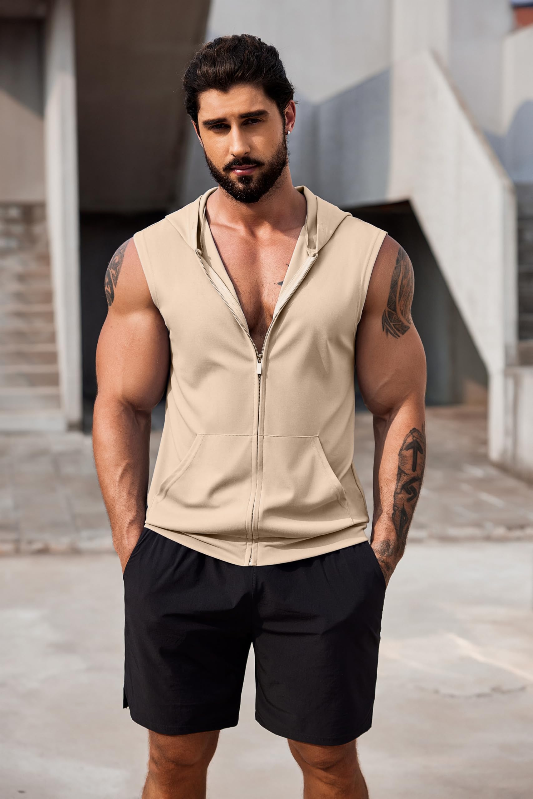 COOFANDY Herren Workout-Kapuzen-Tank-Top, 2er-Pack, mit Reißverschluss, ärmellos, Fitness-Shirts, Muskel-Cut-Off-T-Shirt, Bodybuilding-Kapuzenpullover
