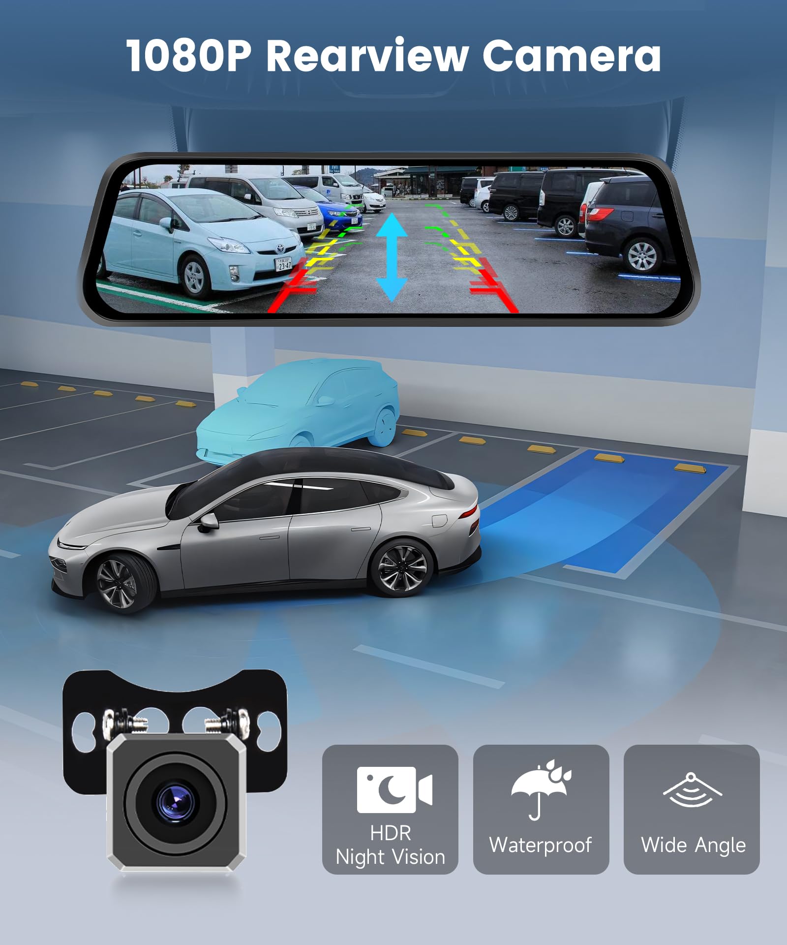 Rimoody 4K Espejo Retrovisor Coche Dash CAM Cámara 9.66 Pulgadas Pantalla Táctil IPS Dashcam Vista Delantera y Trasera Cámaras/Visión Nocturna HDR/GPS/WiFi y App Control/BSD y ADAS/Loop Video/Sensor G
