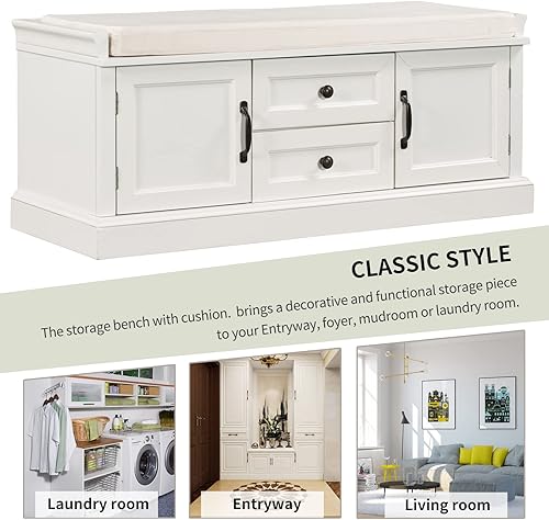 Miniatura 72 de LUMISOL Banco de almacenamiento con 2 cajones y 2 armarios, banco de entrada con cojines extraíbles, banco de zapatos para entrada, sala de estar,
