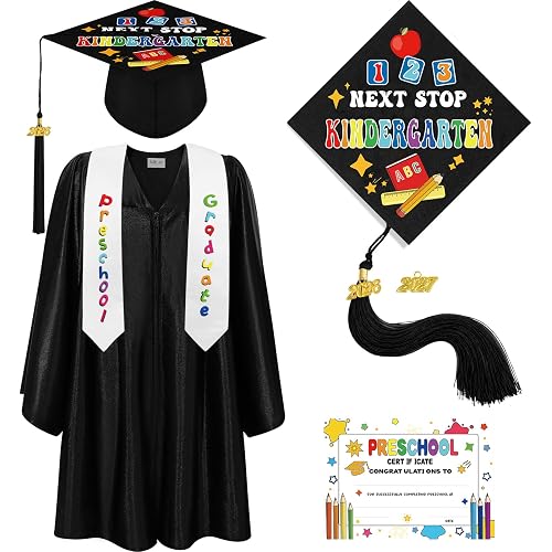 Bokon 4 Pcs 2026 Kindergarten Preschool Graduation Cap and Gown with Tassel Graduation Stole and Certificate for Toddler Kids
