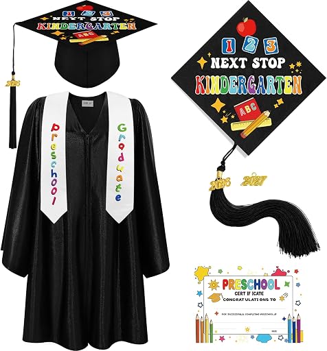 Bokon 4 Pcs 2026 Kindergarten Preschool Graduation Cap and Gown with Tassel Graduation Stole and Certificate for Toddler Kids
