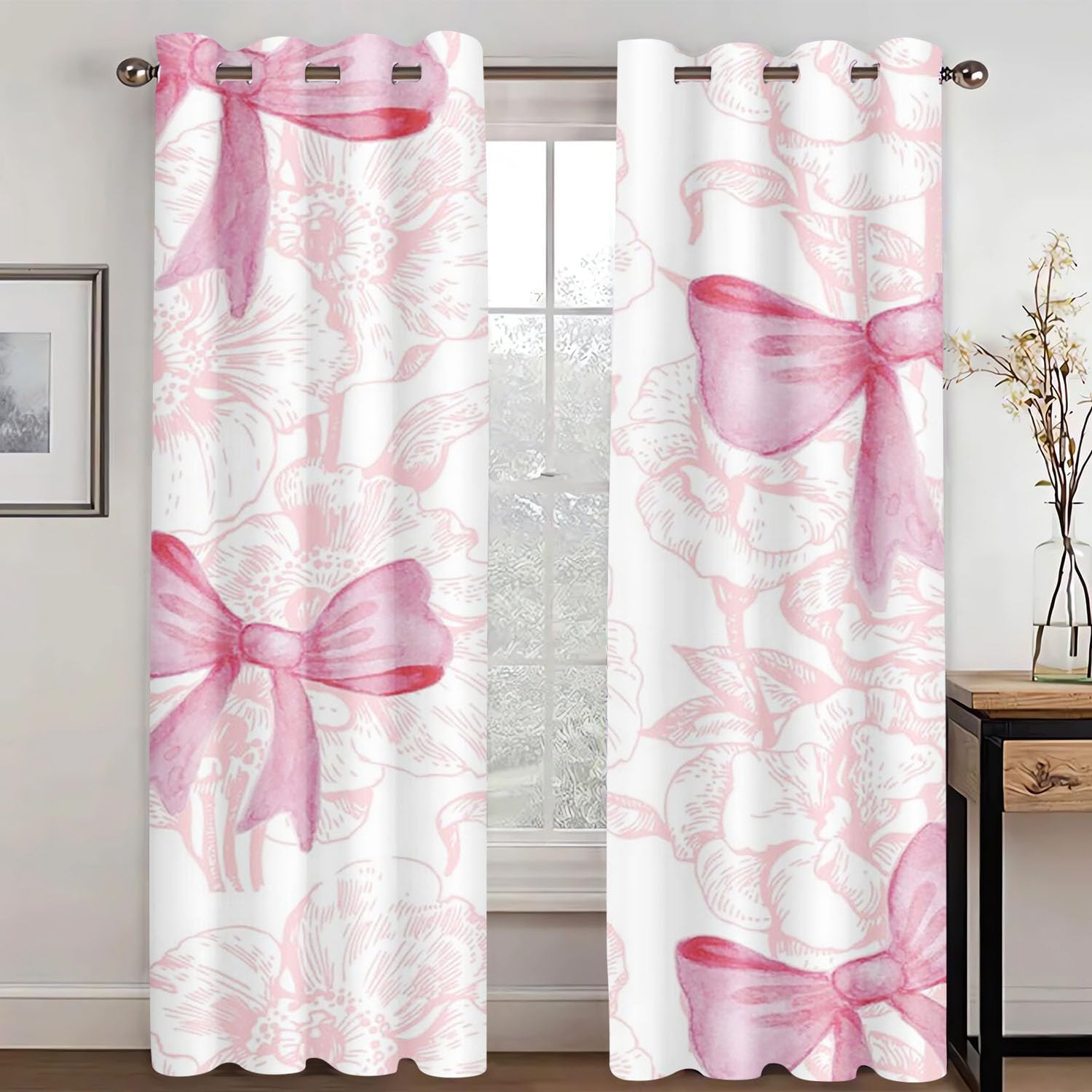 Rideaux occultants avec nœud rose 3D motif papillon coloré 220 x 215 cm (2 x 110 x 215 cm)