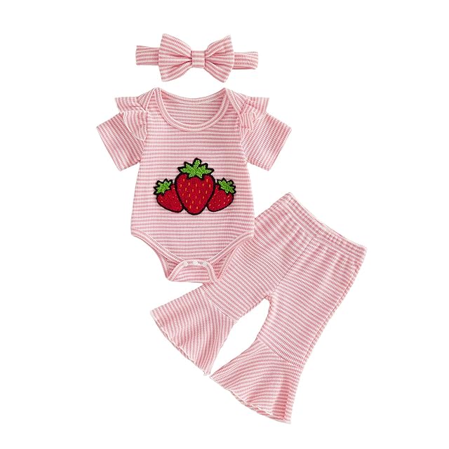 Newborn Girl Clothes Baby Bell Bottom Outfit Strawberry Grape Cherry Striped Waffle Knit Romper Flare Pants Set
