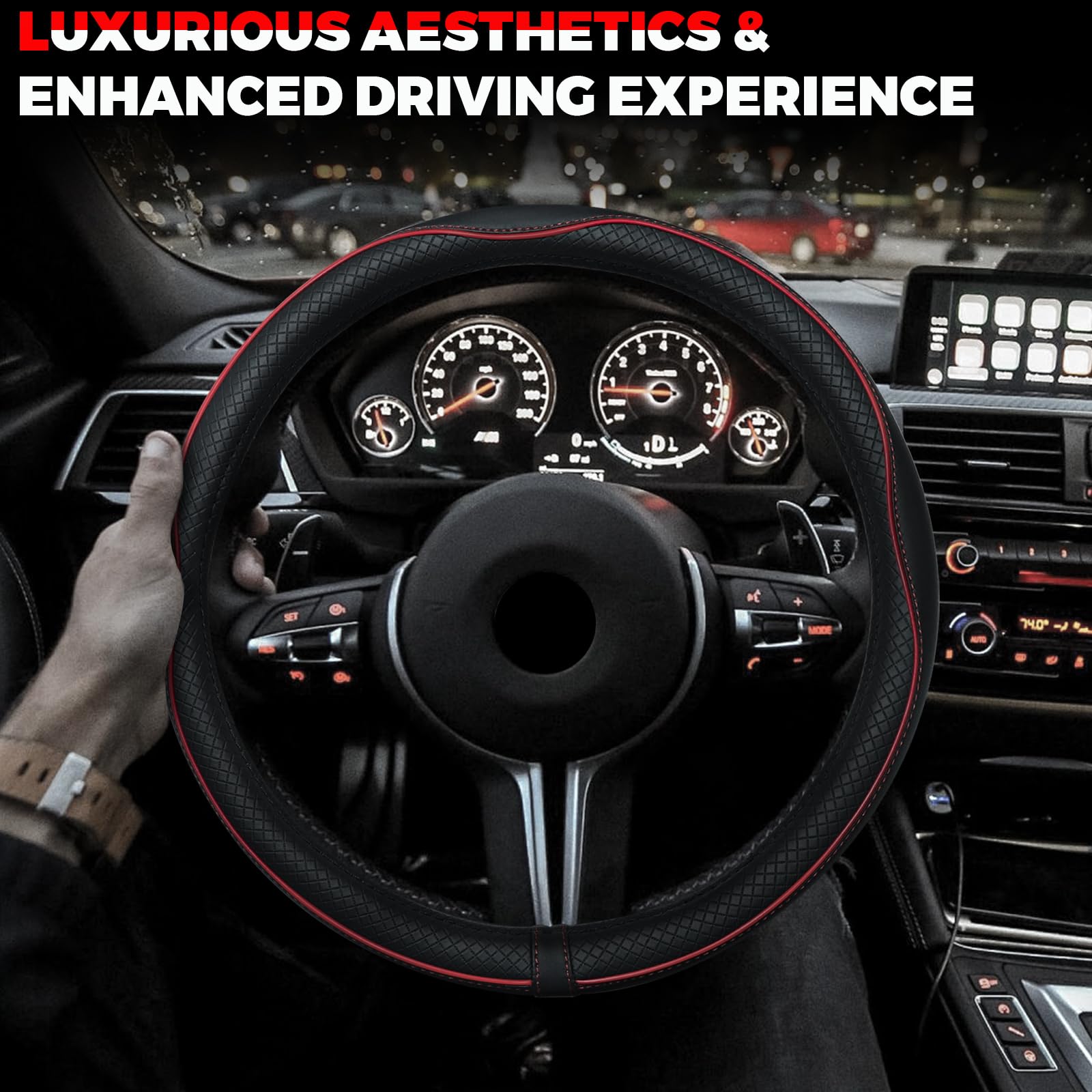 Ouzorp Car Steering Wheel Cover, Microfiber Leather Steering Wheel Covers with Anti-Slip Lining, Universal 14.5-15 inchs Black with Red line