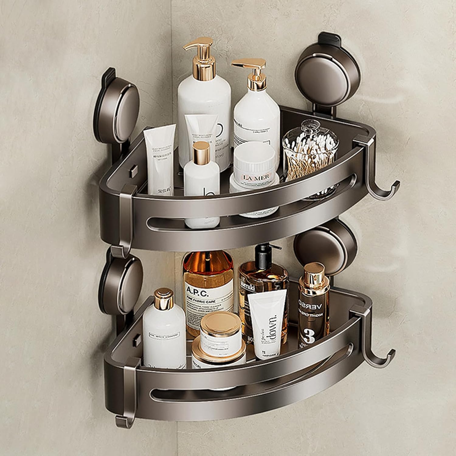 2PACK Corner Shower Caddy Suction Cup,Shower Shelves with Hooks,No Drilling Powerful Suction Bathroom Organizers and Storage,Removable Waterproof Rustproof Shower Shelf Bathroom Accessories Decor