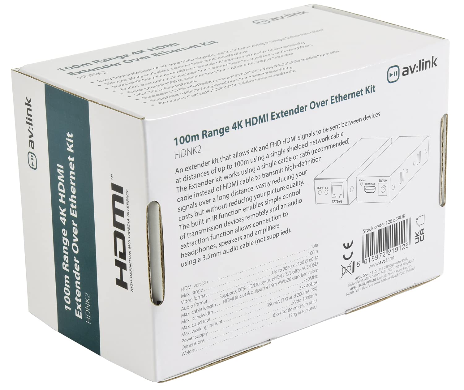 AV:Link Ultra HD 4K HDMI Extender sobre un solo cable Cat5e/6 hasta 100 metros, función IR incorporada que permite el control