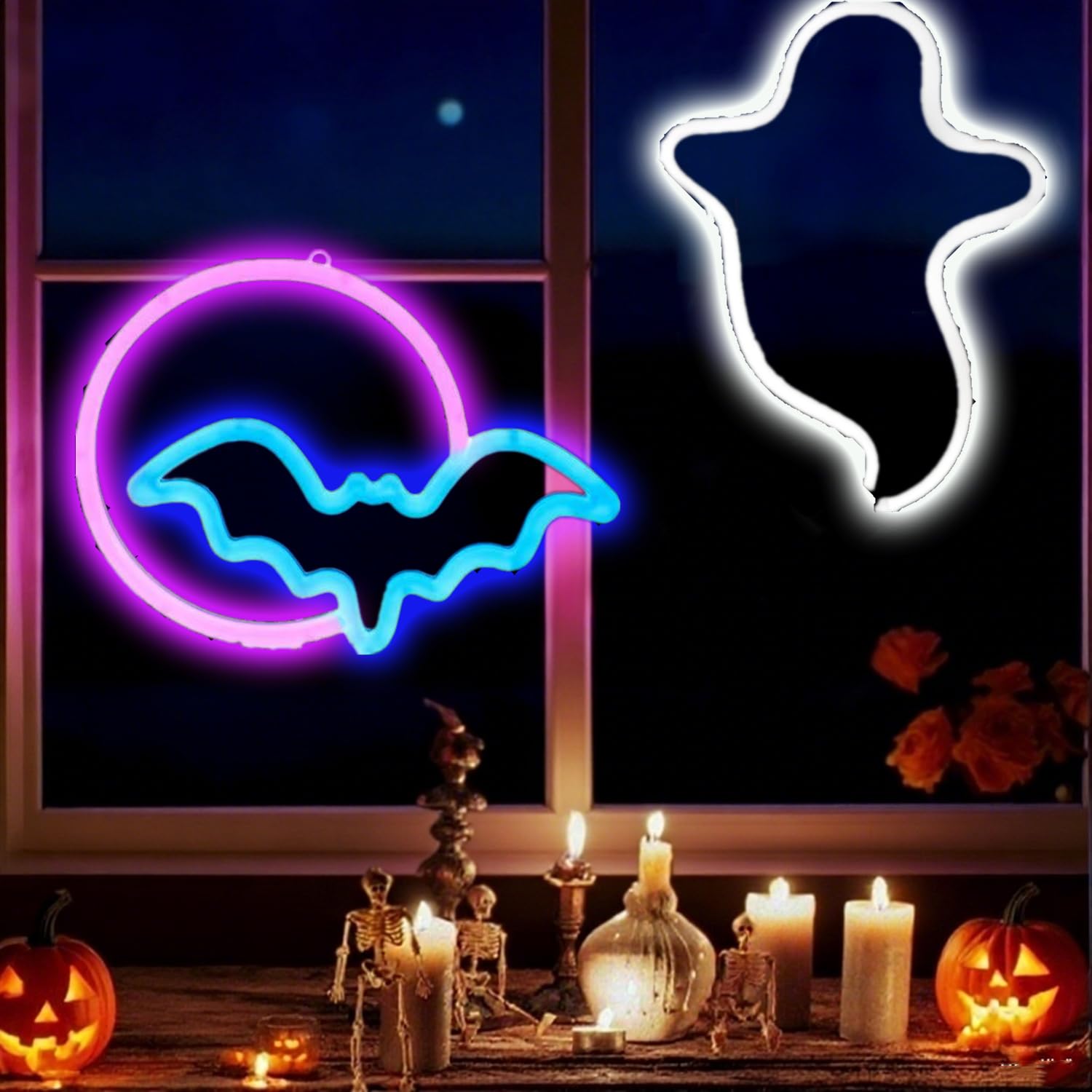 HFHungkeong LED Halloween Window Light Hanging Decorations USB or 3x AA Battery Powered Halloween Bat Ghost Neon Lights Sign,Light up Halloween Banner for Bedroom Living Room Bar Party Dorm Office