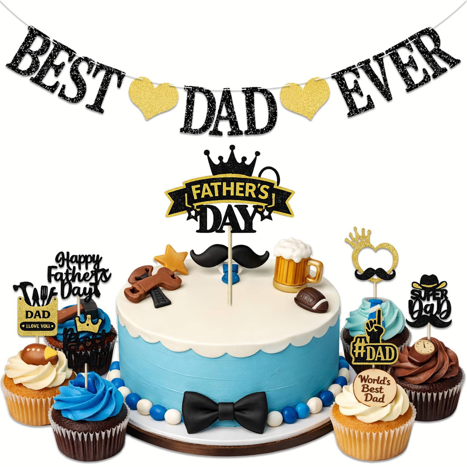 14PCS Happy Fathers Day Cupcake Toppers Happy Fathers Day Cake Toppers with Glitter Best Dad Ever Black Banner fathers day Cake Decorations Party Supplies Kit for Birthday Party