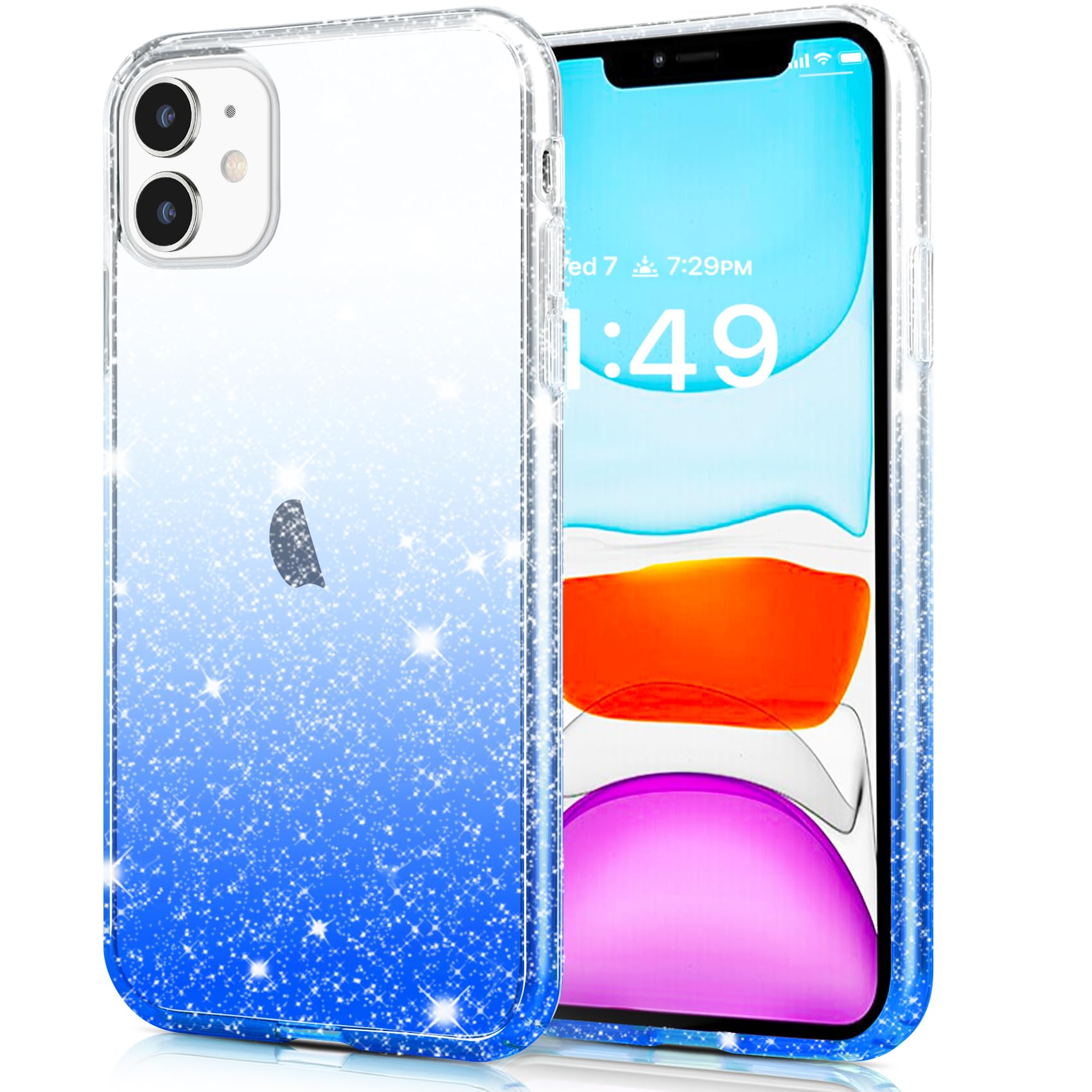 JJGoo Compatible with iPhone 11 Case, Clear Glitter Sparkle Shock Absorption Protective Phone Cases Cute Slim Thin Cover for Women Girls (6.1 inch) 2019 - Blue Gradient