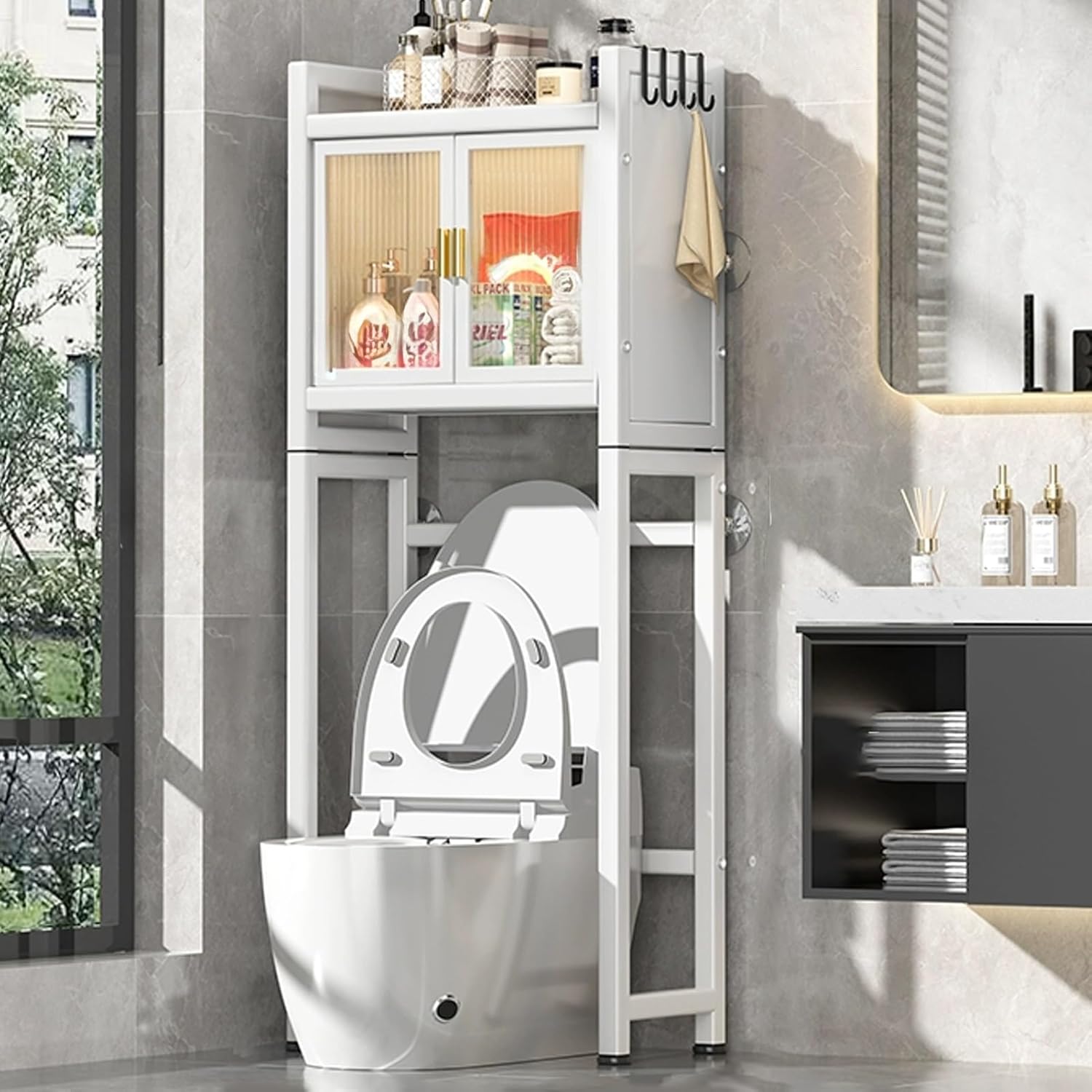 Over The Toilet Storage Cabinet, Bathroom Storage Cabinet with Transparent Door, Toilet Rack with Anti-Tip Device and Adjustable Feet, Bathroom Organizer Over Space Saver(White,141cm/55.5in)