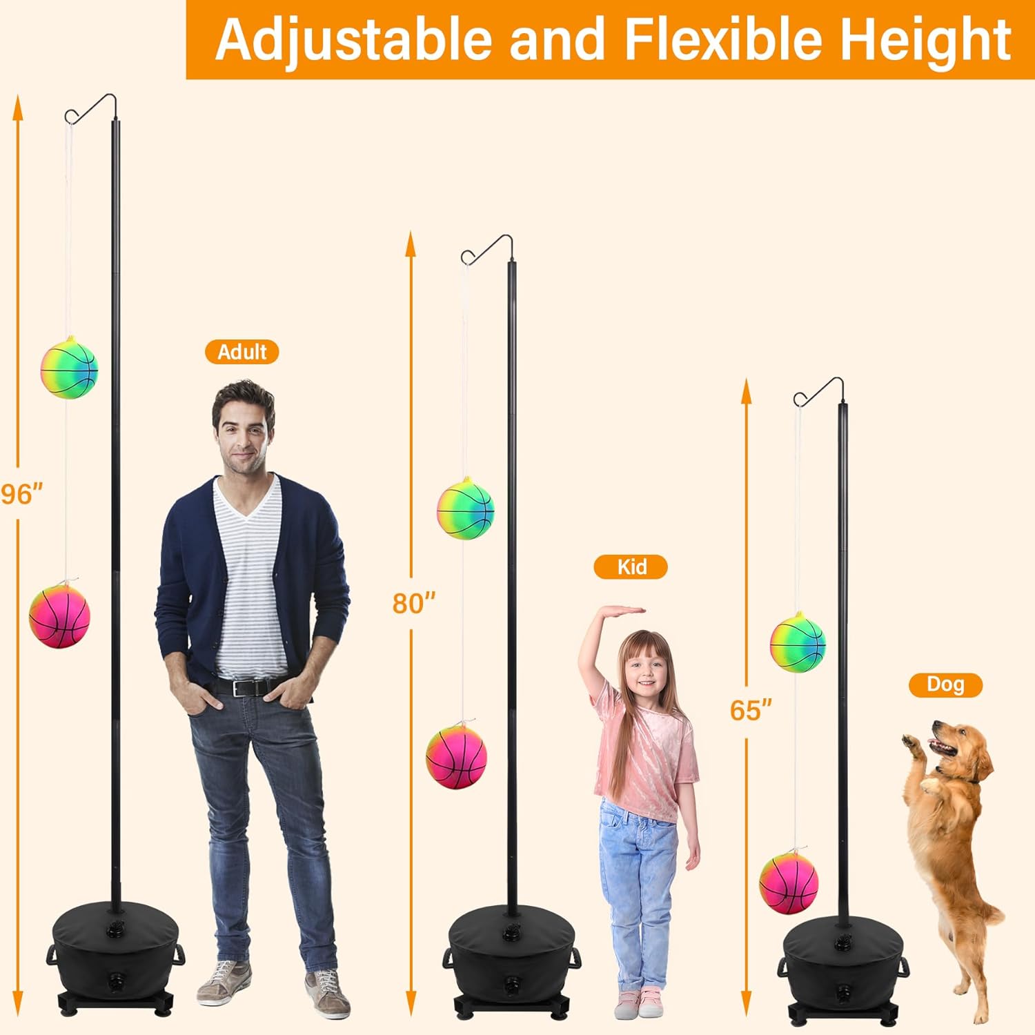 Portable Tetherball Set with Ball and Rope, 5 Adjustable Height Poles with Water Bag Base, 2 Colored Balls, 2 Rope Sets, Elastic and Inelastic for Kids & Dogs Play in Indoor & Outdoor