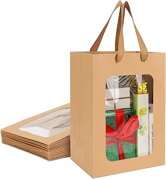 EUSOAR Flower Gift Bag with Window, 12pcs 7"x5.12"x9.84" Kraft Paper Tote Shopping Gift Bags with Transparent Window, Clear Bouquet Gift Bags With Handle for Gift Wrapping Festival Bridal Party