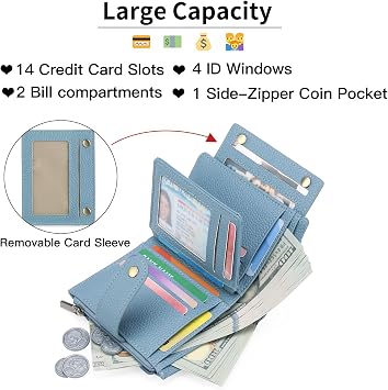 GOIACII Small Women's Wallet Ladies Credit Card Holder with 4 ID Windows & Zip Coin Pocket RFID Blocking Leather, Blue, Classic