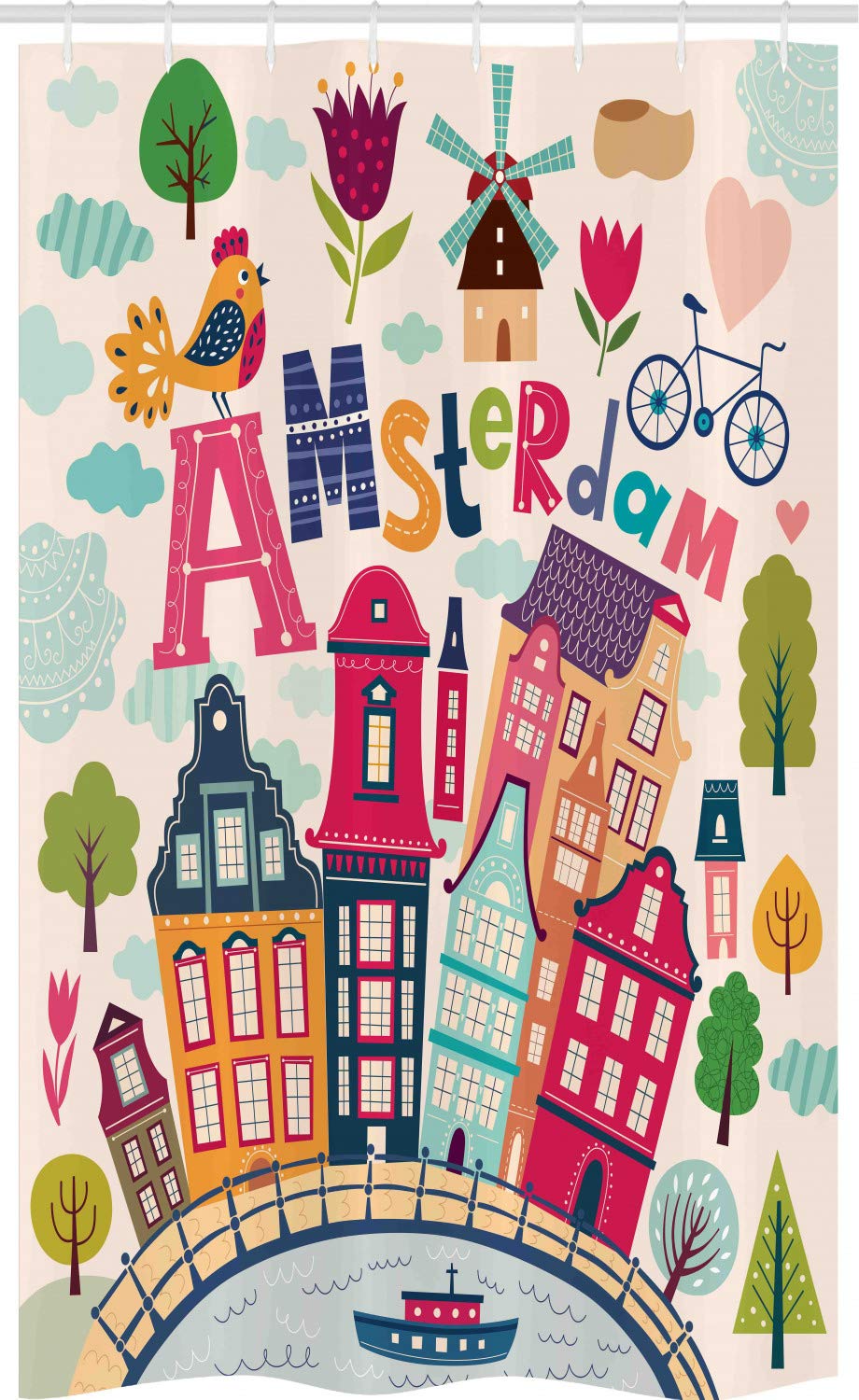ABAKUHAUS Dutch Stall Shower Curtain, Cartoon Style Amsterdam Architecture Illustration with Colorful City and Trees, Fabric Bathroom Decor Set with Hooks, 120 x 180 cm, Magenta Multicolor — image 1