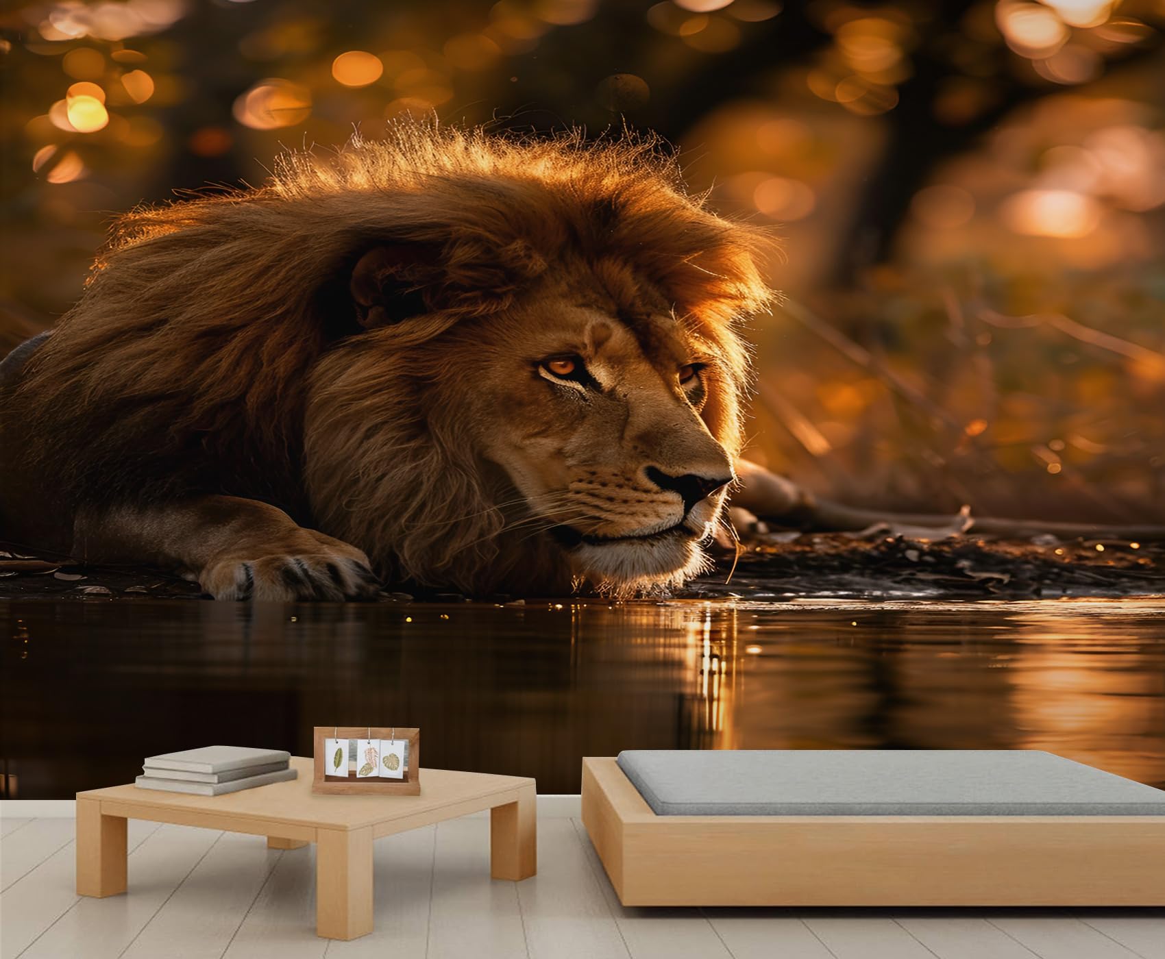 Wild Lion Mural Wallpaper Waterside Lion Wall Murals 3D Wild Animals Mural Nature Themed Murals Not Peel and Stick Wallpaper for Bedroom Living Room Nursery 430 x 300 cm