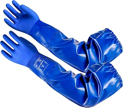 AnTools 25" Heavy-Duty PVC Chemical Gloves, Waterproof Long-Sleeve Work Gloves with Cotton Liner and Non-Slip Grip, for Lab, Pool Cleaning, Oil, and Industrial Work, Blue, X-Large