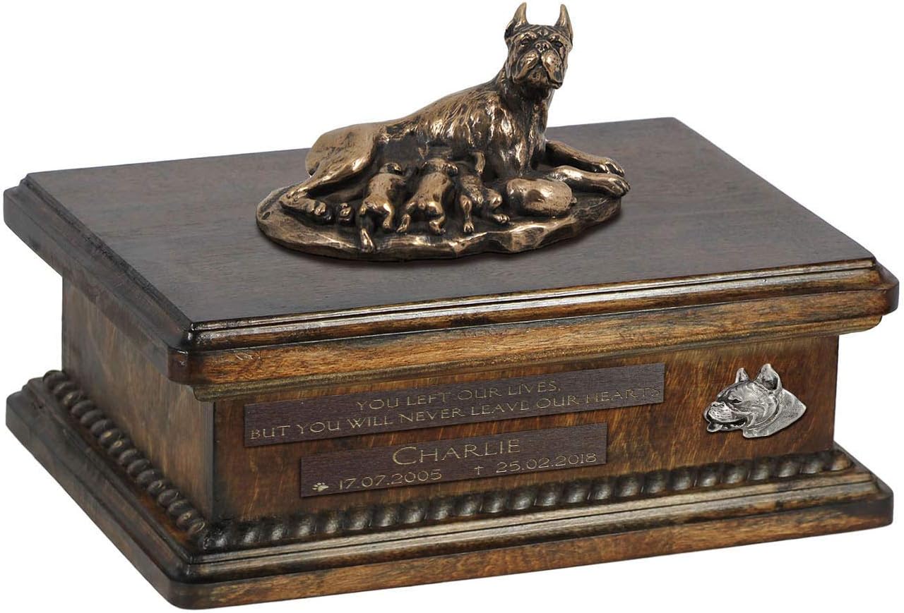 Art-Dog Custom Dog Sitting Statue Memorial Urn - Handmade Cold Cast Bronze on Birch Base – Sturdy and Stylish Urn for Dog’s Ashes – 8.3x11.4x8.7 – 5l – Boxer IV