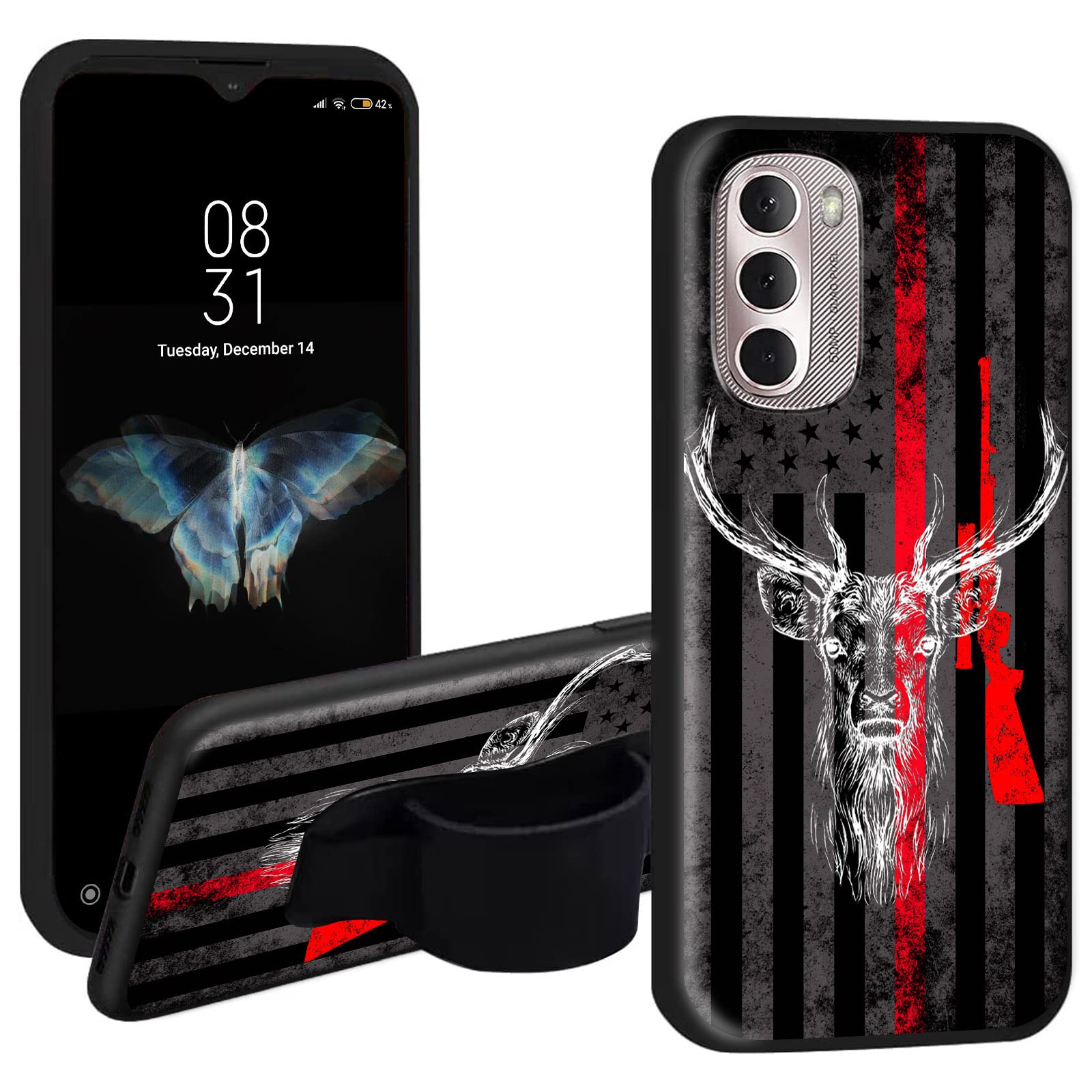 Case for Motorola Moto G Stylus 2022 4G with Phone Loop Finger Holder, Elastic Hand Strap Grip Stand Case Soft Printed TPU Graphic Cover for Moto G Stylus 2022 4G 6.8", American Flag Deer Hunting