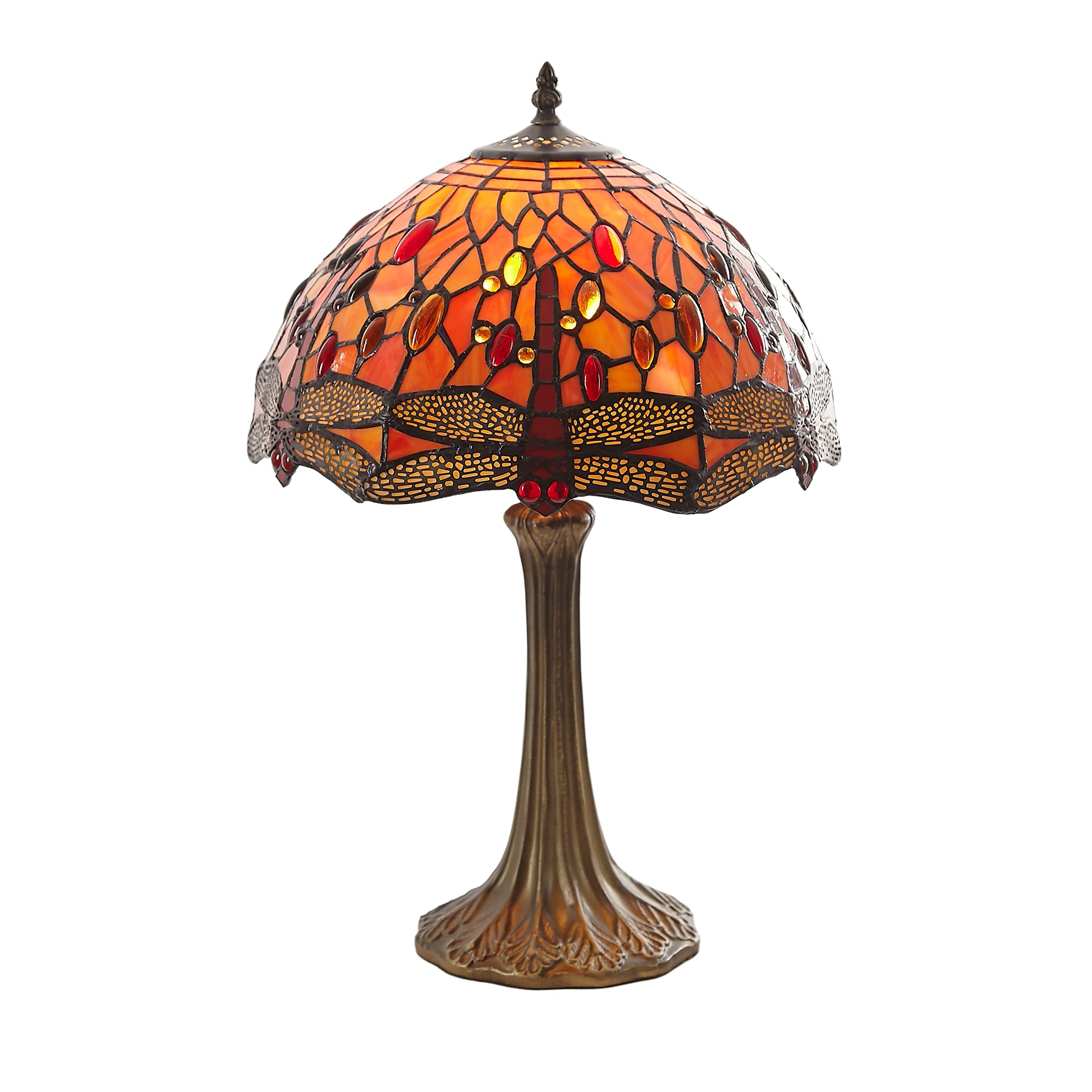 Loxton Lighting Classic Orange Dragonfly Tiffany Stained Glass Table Lamp - 12 inch Diameter - Great for Living Rooms, Hallways, and Bedrooms (PM70-12T)
