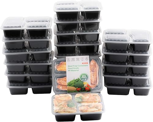 Pinshion Paquete de 20 recipientes de preparación de comidas, 3 compartimentos, caja Bento de 35.5fl oz36 onzas líquidas para microondas con tapas,