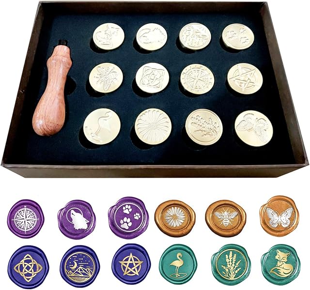 Vintage Retro Wax Seal Stamp Kit with Gift Box,1 Wooden Hilt + 12 Interchangeable Removable Brass Head Sealing Stamp