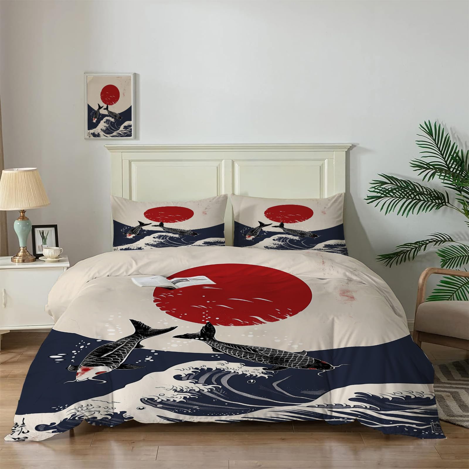 Housse de couette à vagues et poissons motifs japonais pour lit adulte