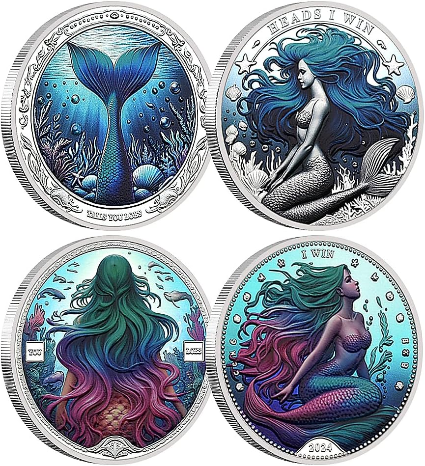 2pc/Box Exquisite Mermaid Decision Coin Head You Win, Tail You Lose Metal Challenge Coin Collection with Certificate Gift Box (Silvery)