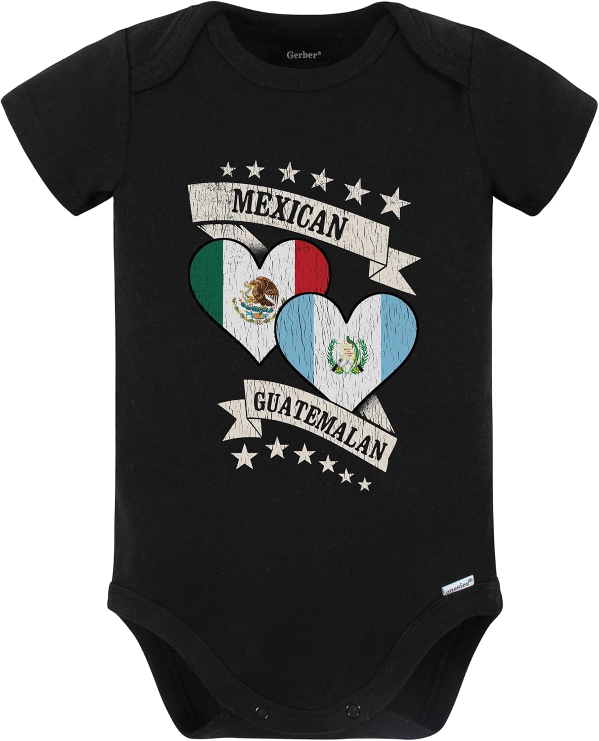 Really Awesome Shirts Mexican Guatemalan Heart Flags Mexico Guatemala Baby Bodysuit (Black)