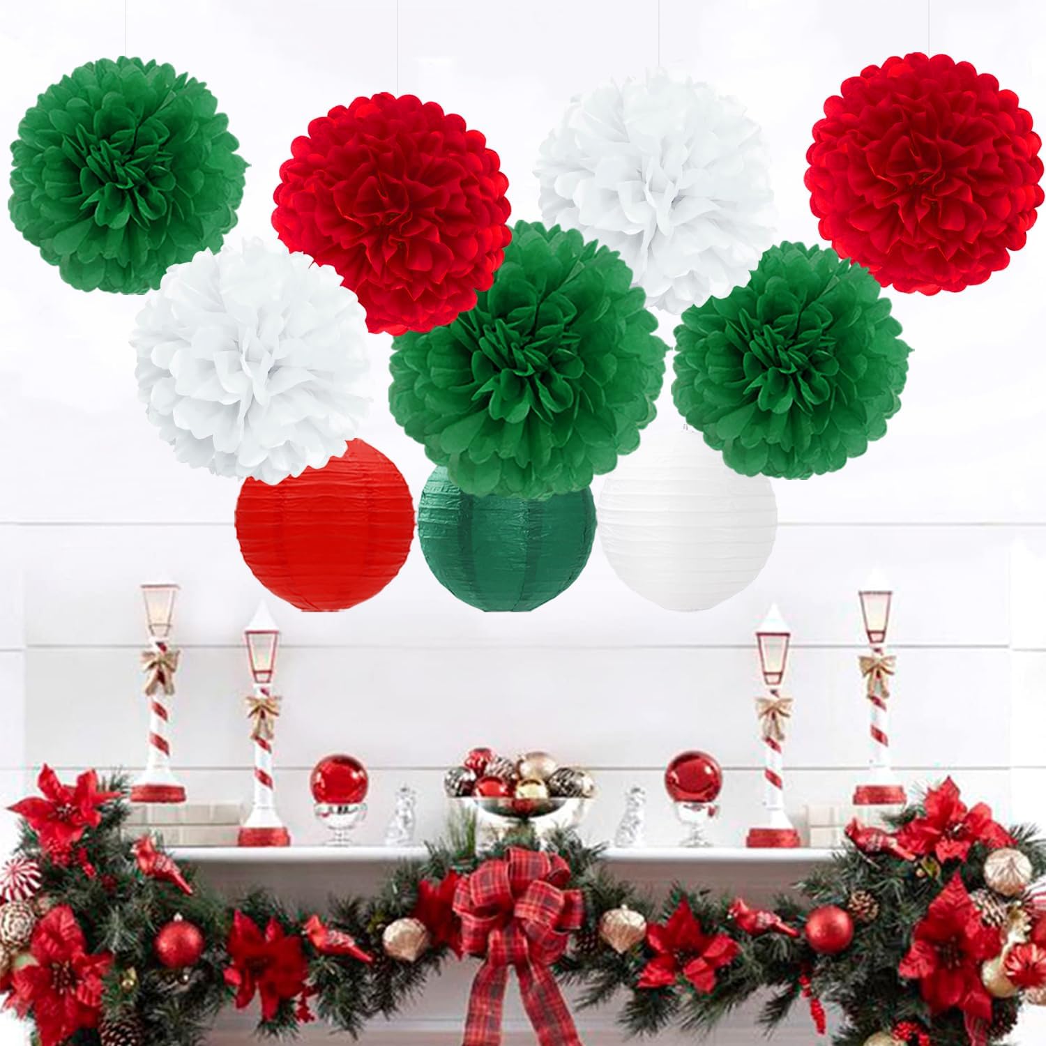 Red Green White Paper Flowers Tissue Pom Poms Honeycomb Lanterns 15pcs Christmas Party Decorations Mexican Italian Birthday Wedding Baby Shower Bachelorette Hanging Supplies Mprocherify