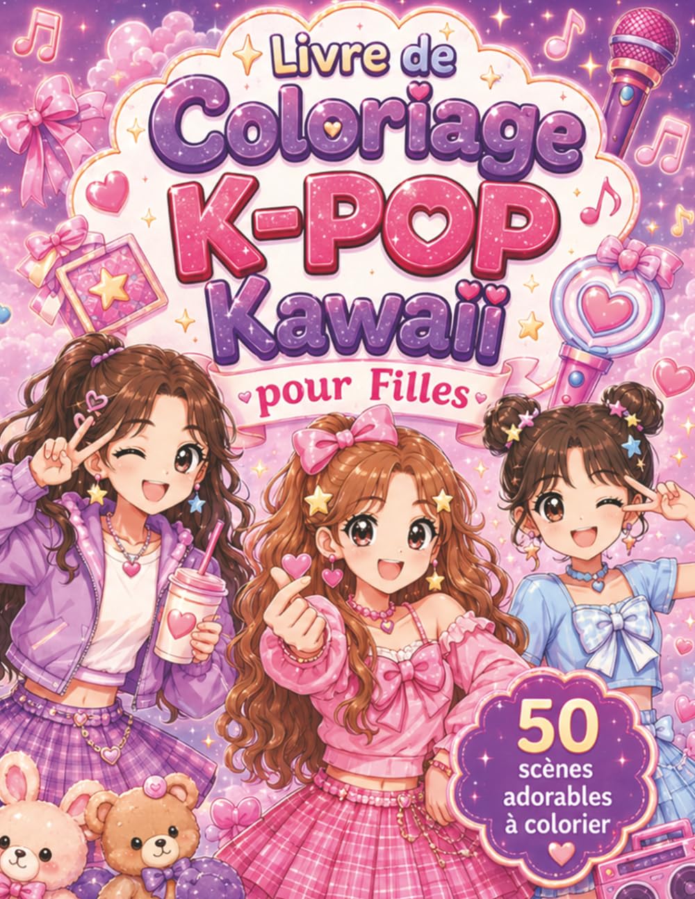Livre de Coloriage K-POP Kawaii pour Filles: 50 dessins cute à personnaliser avec coiffures, vêtements stylés, micros, étoiles et cœurs