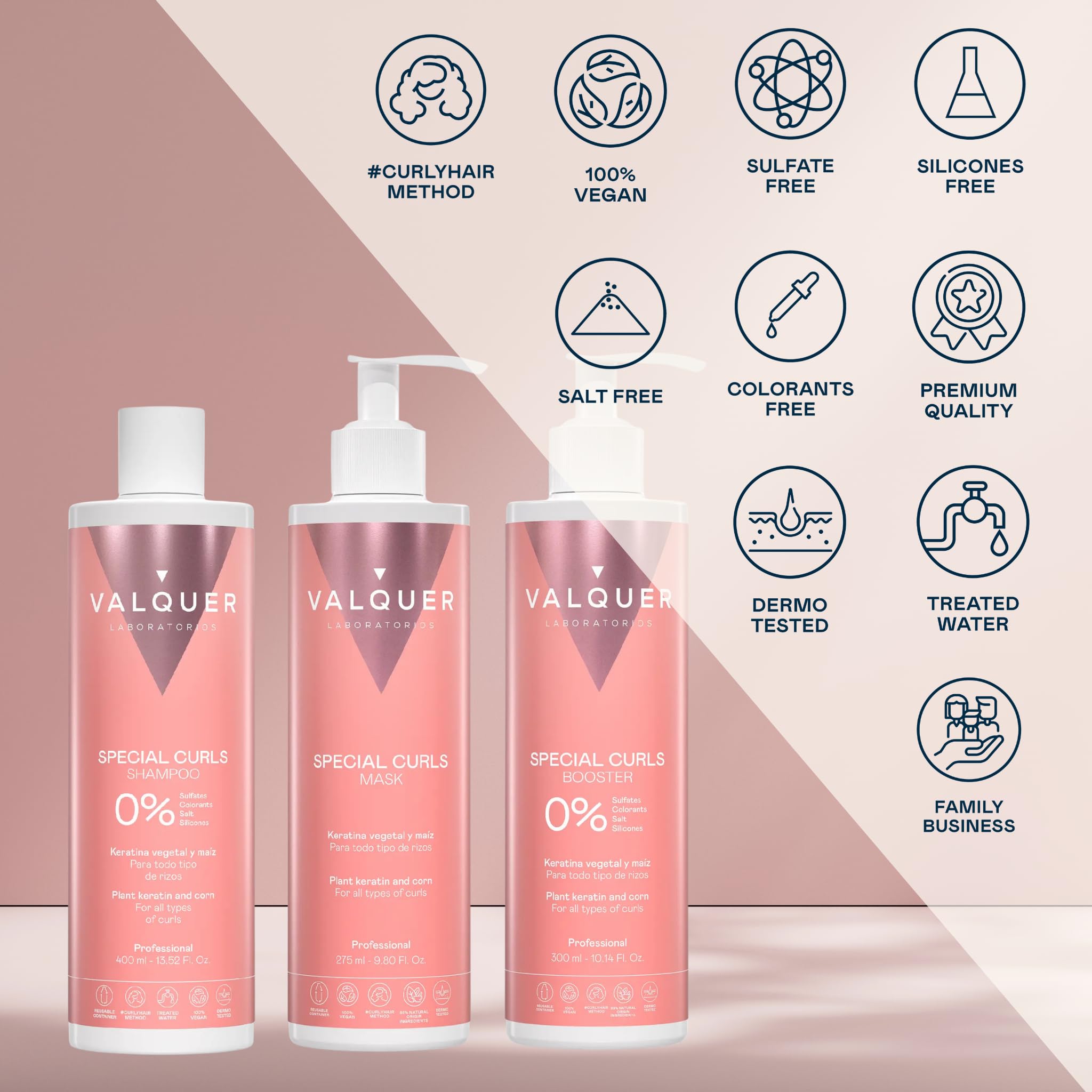 Valquer Professional Curly Method Pack Shampooing 400 ml + Masque 290 ml + Booster 300 ml Spécial Boucles, Cheveux Bouclés, Sans Sulfates, Sans Sel. Jusqu'à 96% d'origine naturelle