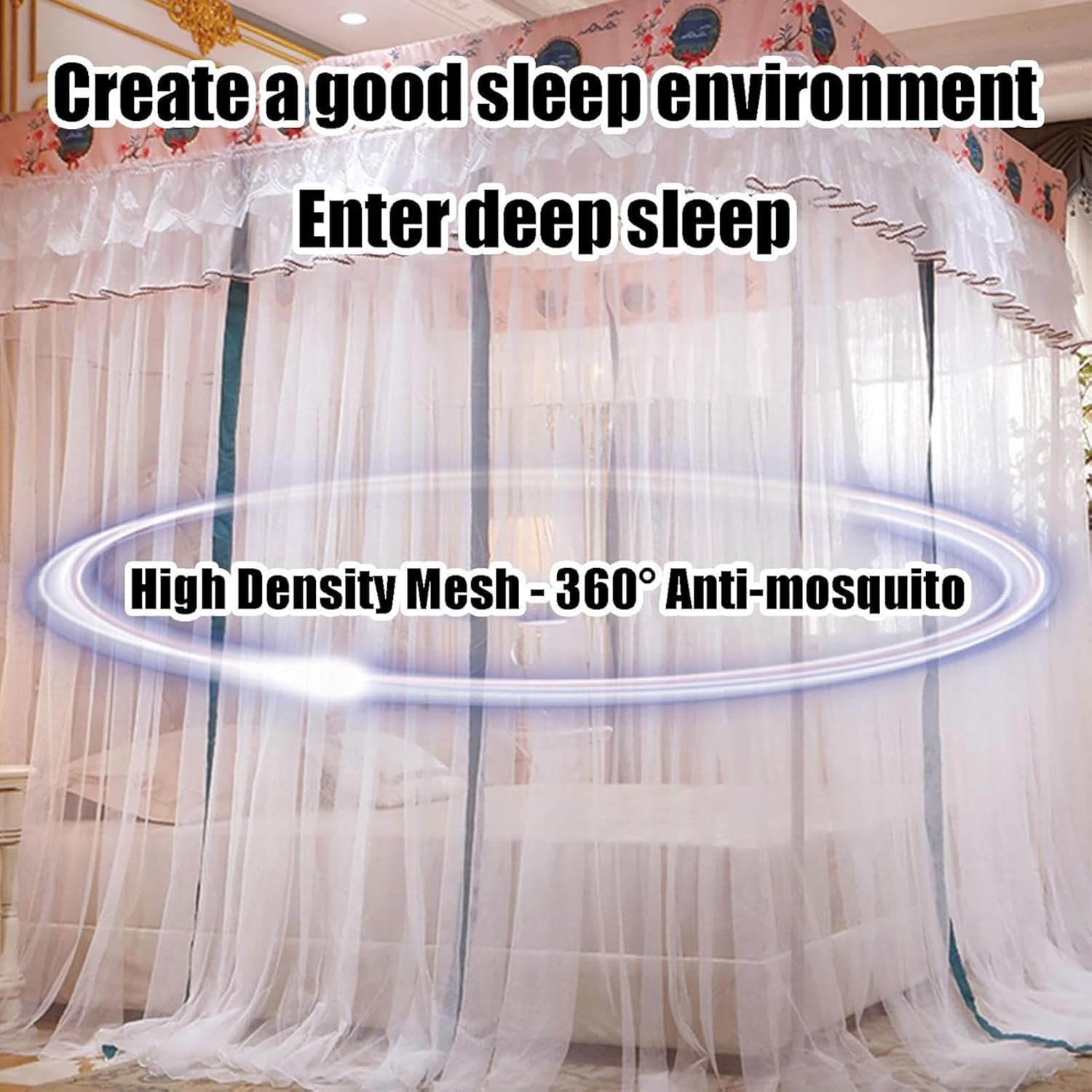 Pink Bed Canopy Mosquito Net for Girls' Room, Floor Standing Luxury Princess Style 4-Pole Bed Curtain, Anti-Dust Privacy Shield (Multi Colored)