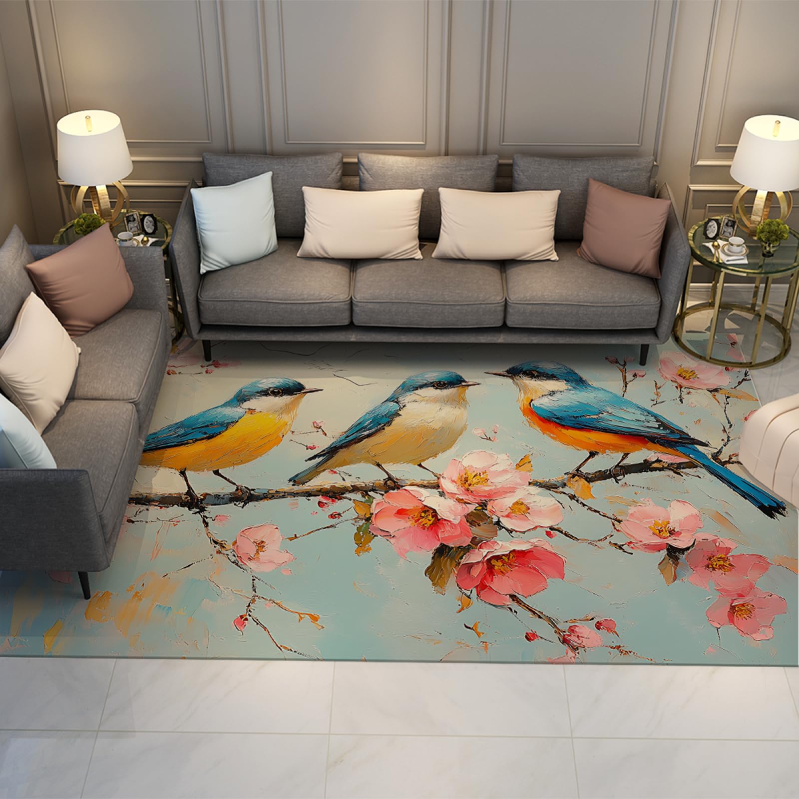 Tapis lavable salon fleur de pêcher et oiseaux grand format antidérapant 150x210 cm