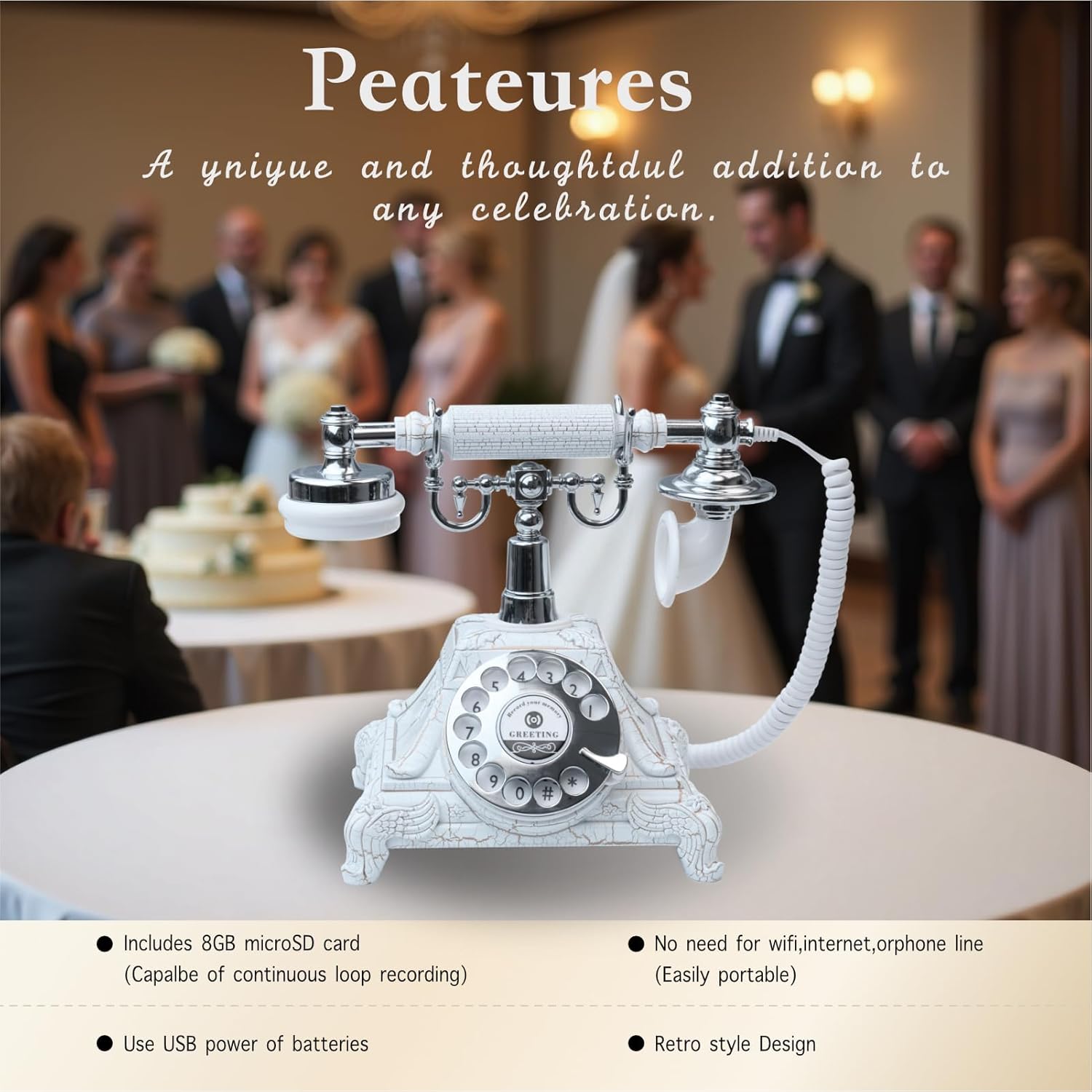 Audio Guest Book Wedding Phone,Audio Guestbook Phone Vintage Style Audio Message Voicemail for Graduation Retirement Party Birthdays Baby Shower Special Occasions (White)