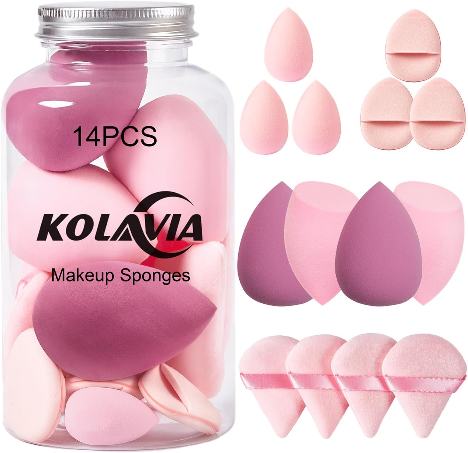 14PCS Makeup Sponge Set, Beauty Blender Sponge for Foundation Blending with 3PCS Mini Makeup Sponges & 4PCS Triangle Powder Puff, Soft Make Up Sponges for Face Cosmetic Applicator for Powder Liquid