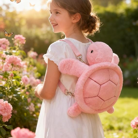 Tortoise Backpack for Boys Cute Plush Animal Bag, Bookbag, pink, refer to
