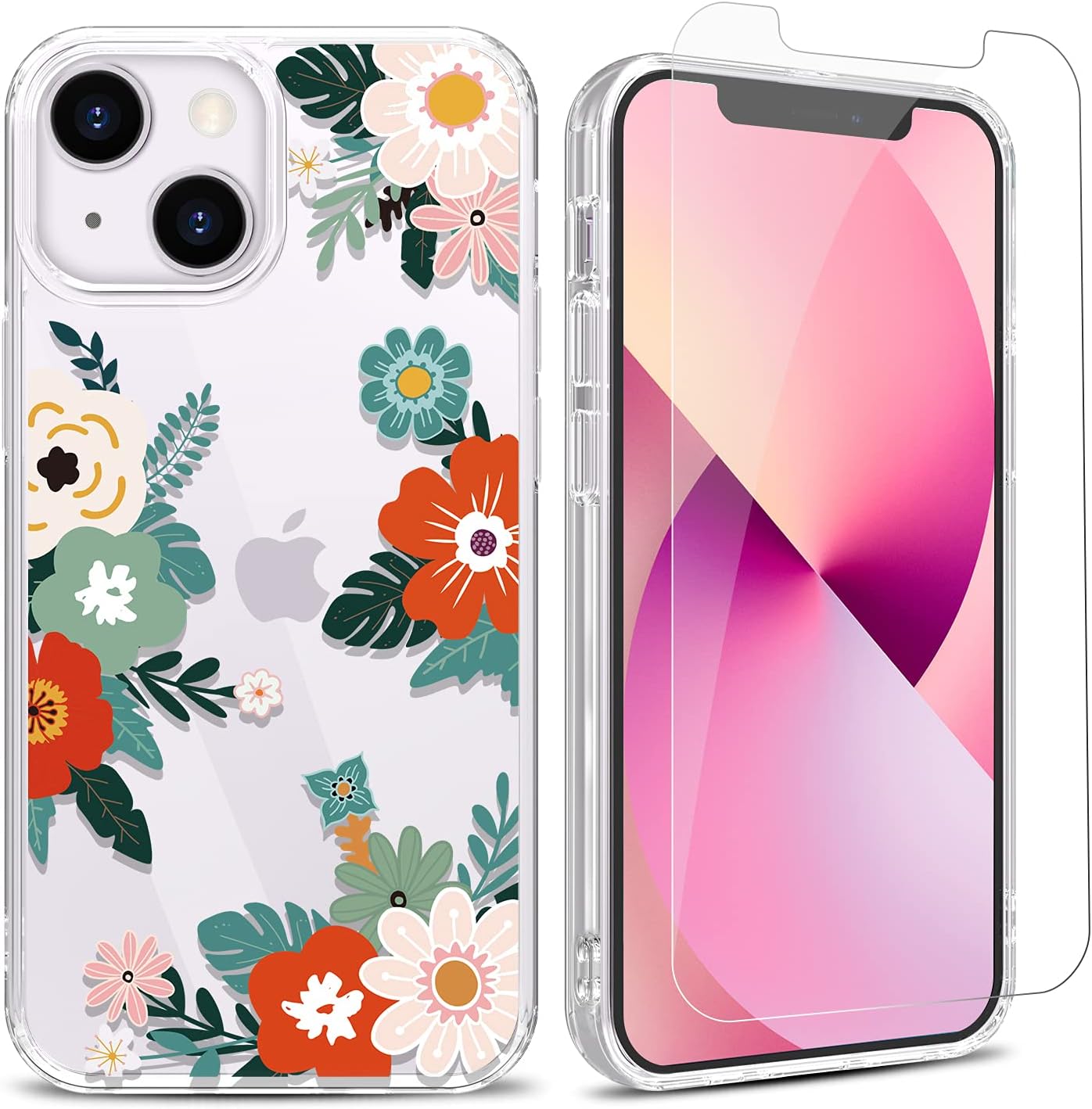 YAYOII Case for iPhone 13 with Screen Protector, Clear Floral Patten Design for Women Girls Soft Flexible TPU Shockproof Protective Flower Bumper Cover Slim Fit Thin 6.1-inch 2021-Buds of May
