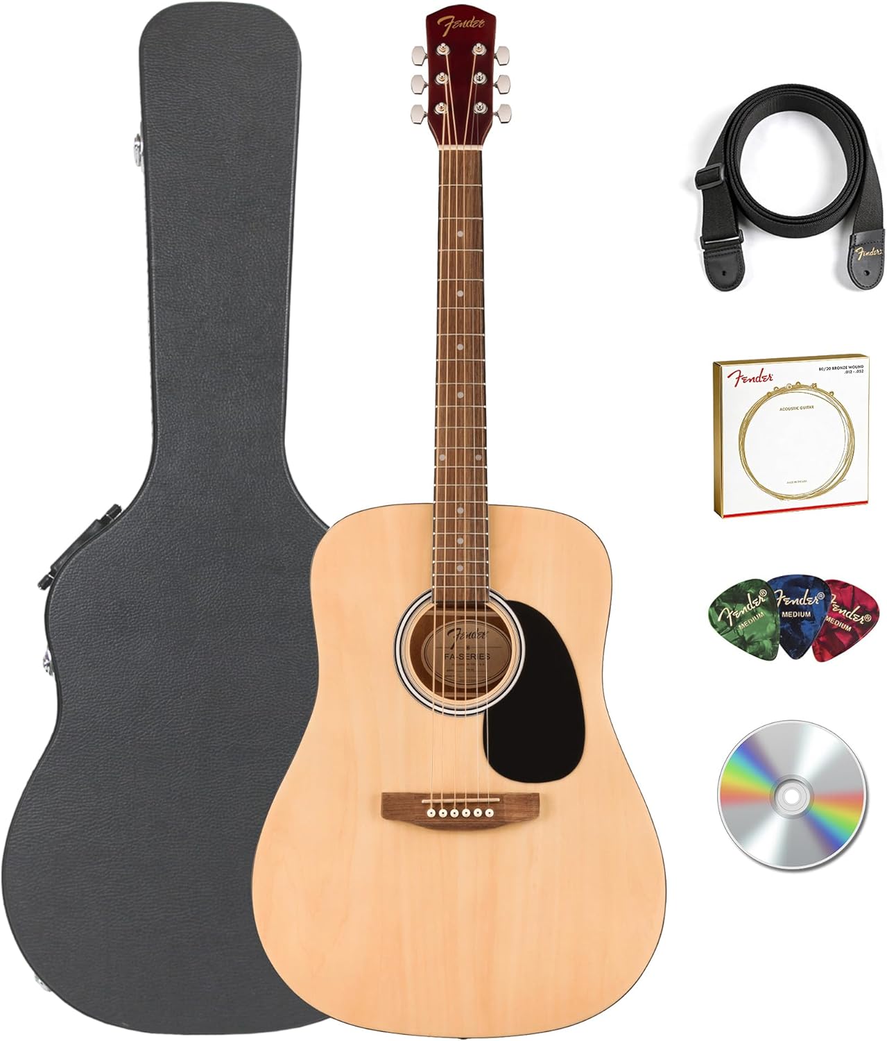 Fender Dreadnought Acoustic Guitar - Natural Bundle with Hard Case, Strap, Strings, Picks, and Austin Bazaar Instructional Video