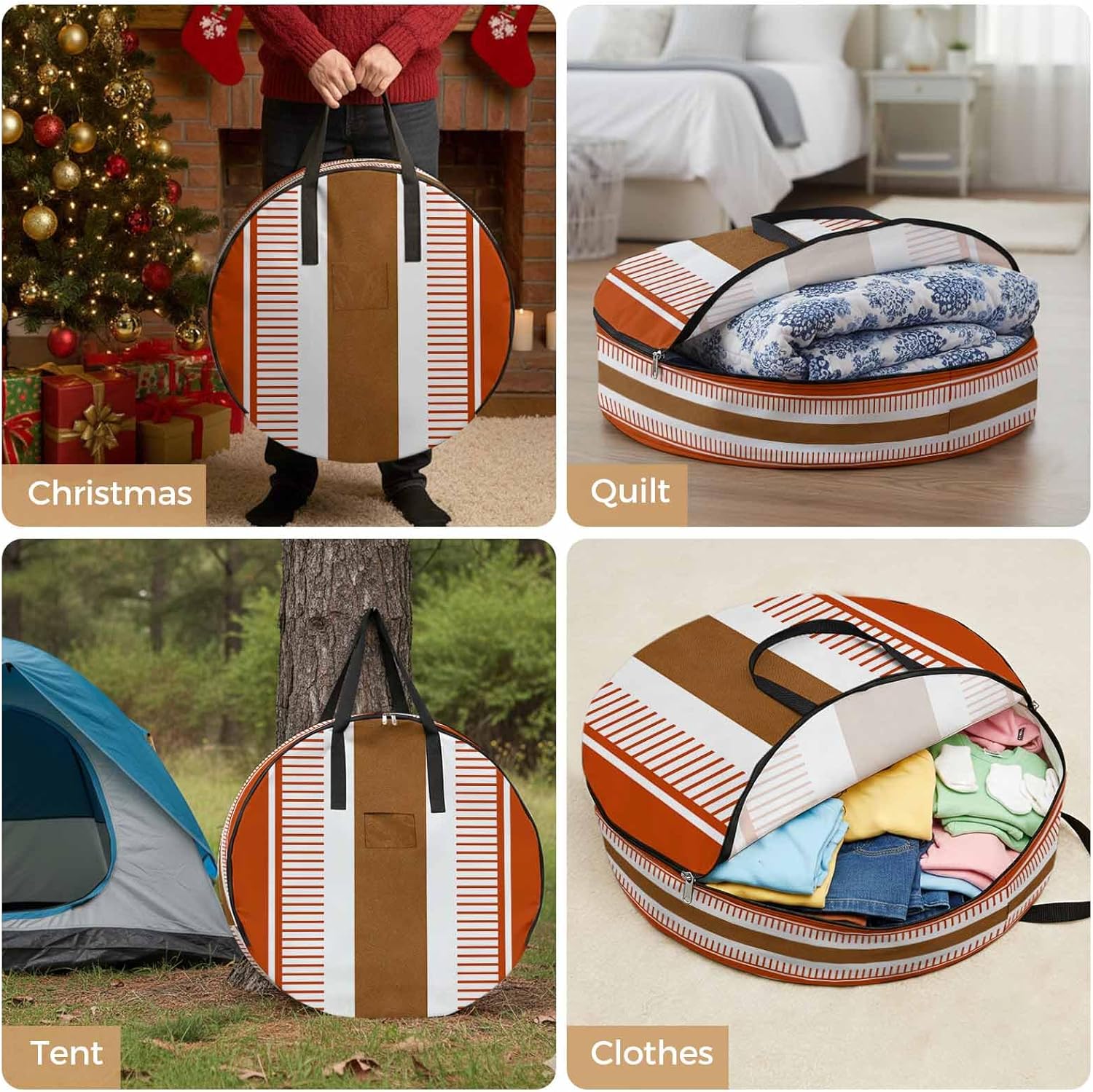 Boho Orange Round Storage Bag 36 Inch, and Brown Striped Geometric Retro Farmhouse Clothes Storage Container with Handles Heavy Duty Organizer for Comforter, Bedding & Holiday Wreaths
