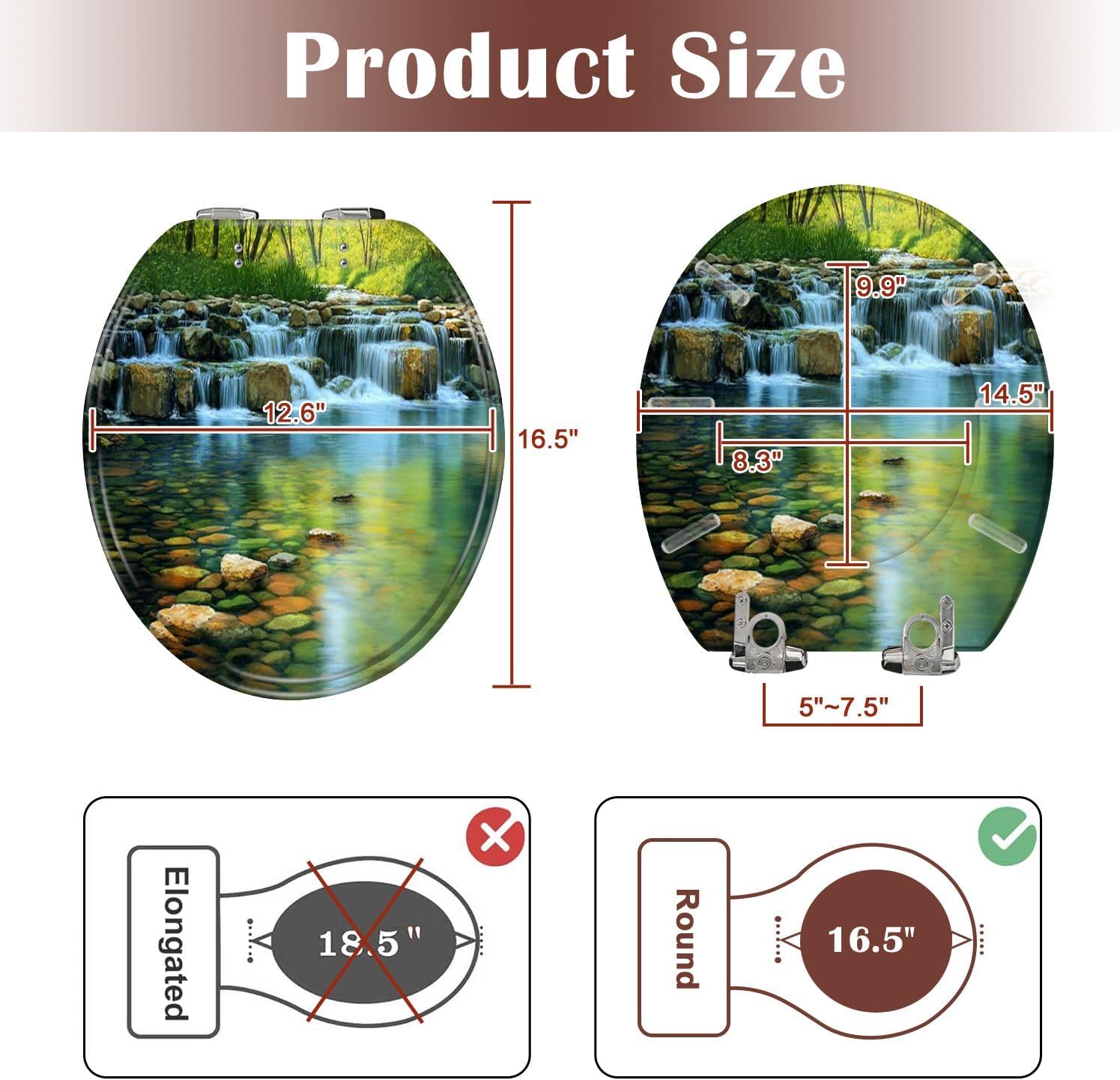 Round Toilet Seat Waterfall Landscape Nature Green Trees Rivers Spring Tropic Forest Resin Toilet Seat Slow Quiet Close Lid with Quick-Release Hinges Cover Bumpers Easy to Clean Install