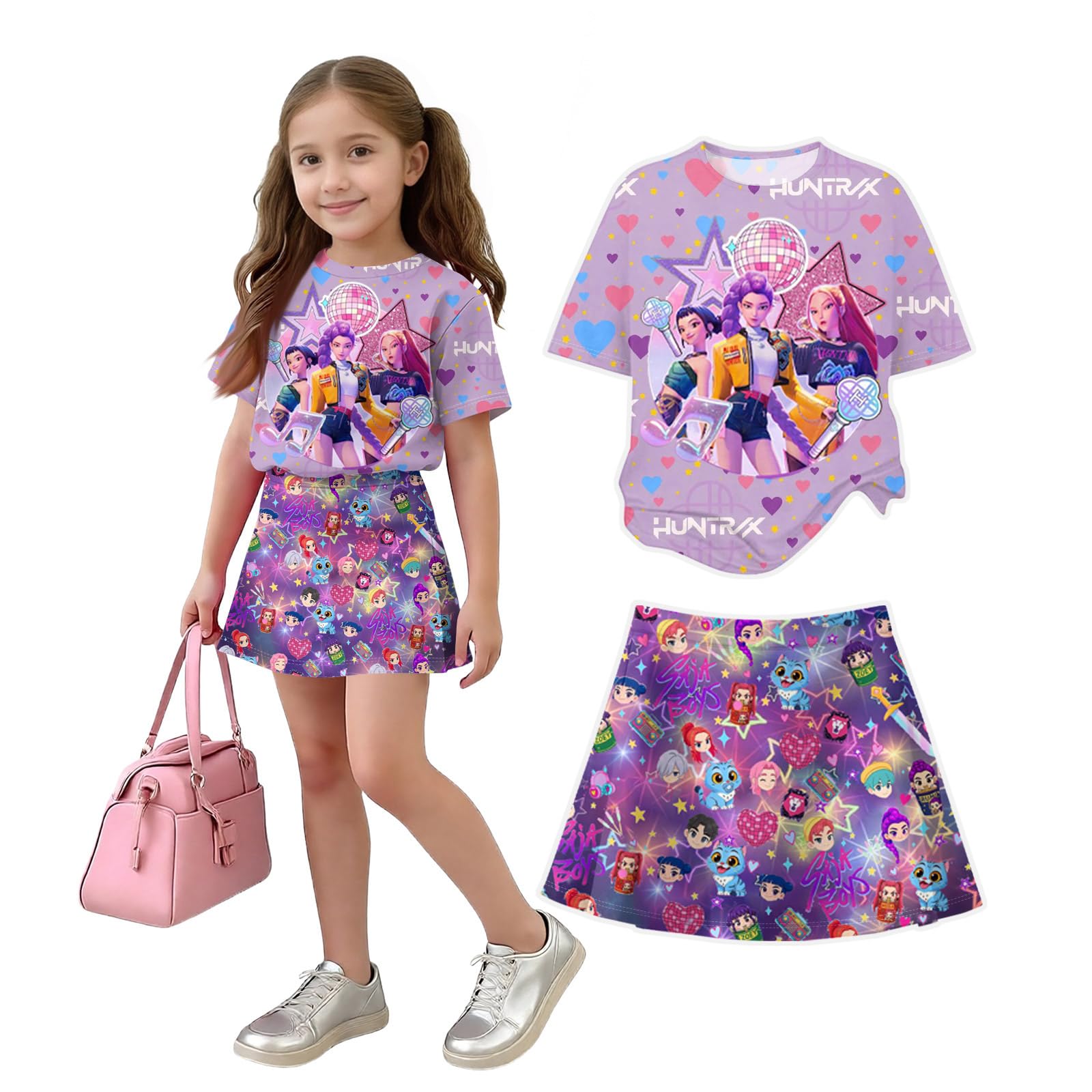 K Pop Short Sleeve T-Shirt and Skirts Outfits Set for Girls Hunters Girl's Anime Graphic Tees De-Mon Summer Sets — view 44