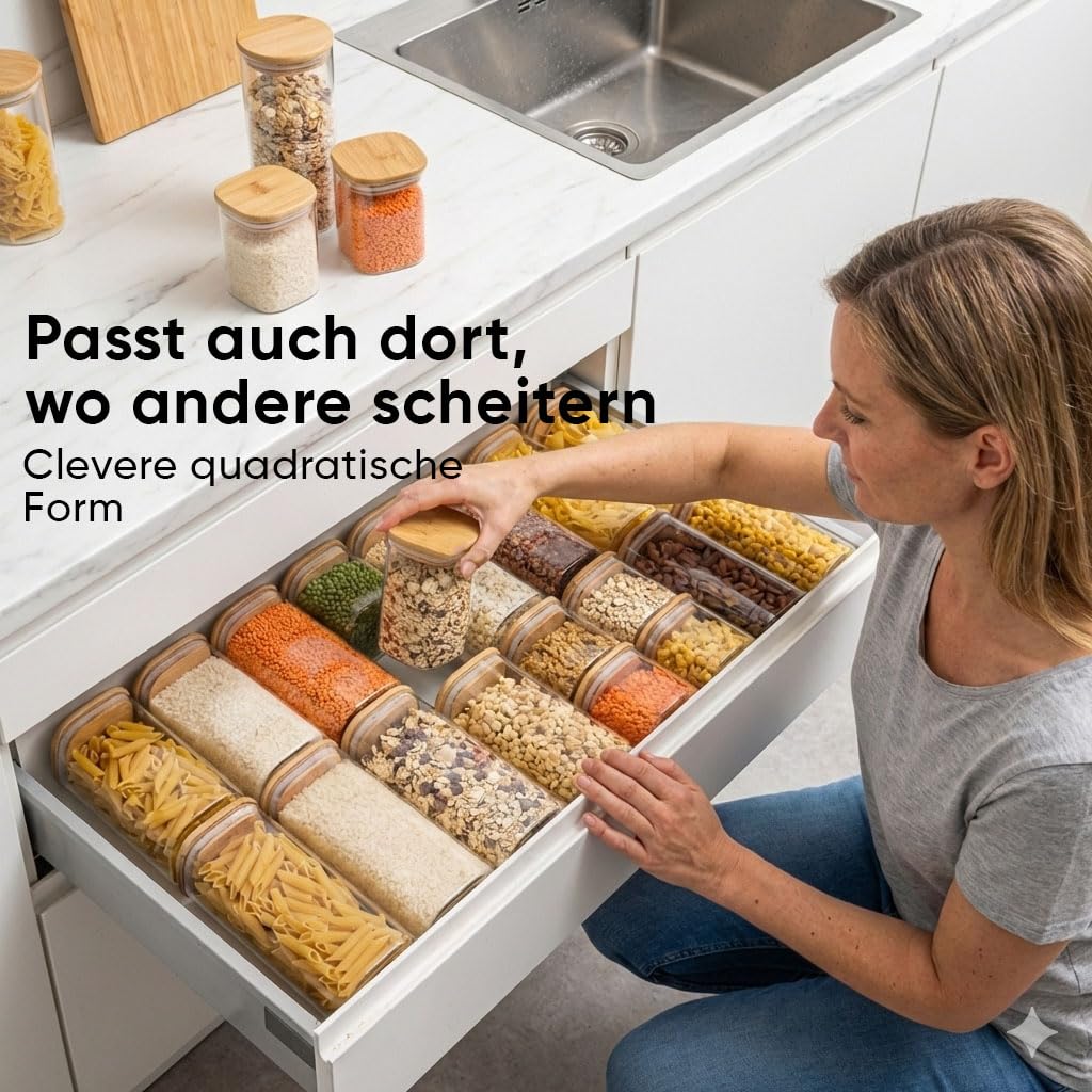 Deco haus® Vorratsgläser mit Deckel eckig 6er Set [+ETIKETTEN] - Vorratsdosen Glas mit Deckel luftdicht - Vorratsglas mit Holzdeckel - Müsli Aufbewahrungsgläser - Glasbehälter Vorratsbehälter