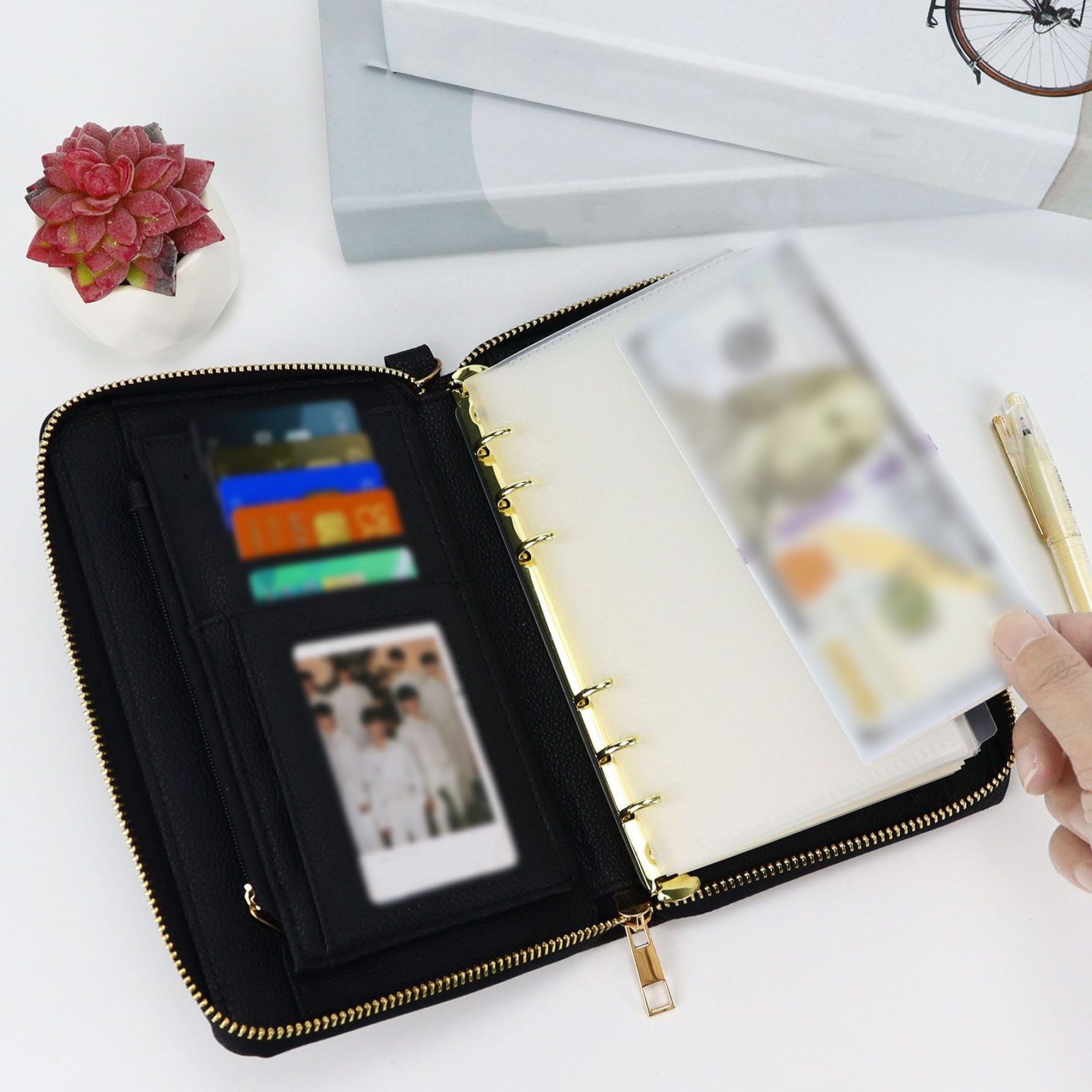 Portefeuille planificateur A7 en cuir PU avec fermeture éclair, organisateur rechargeable 6 anneaux