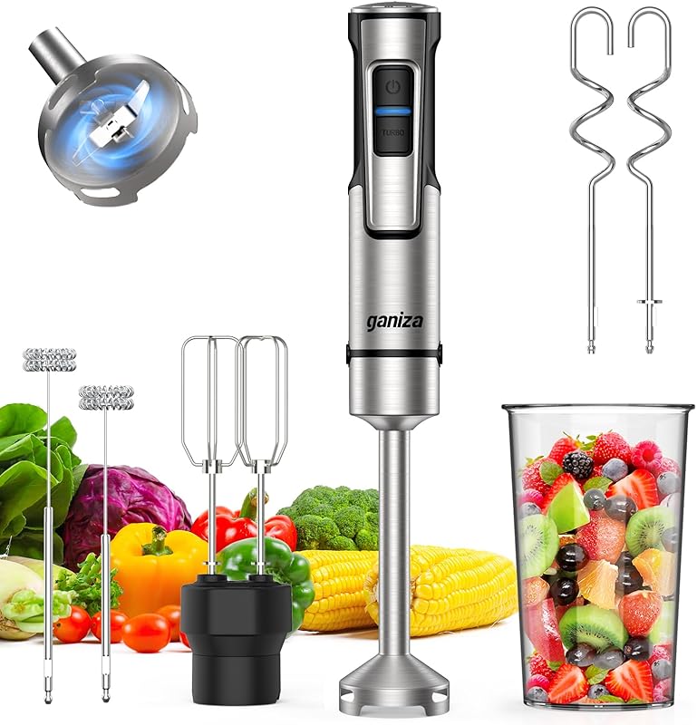 Ganiza Mixeur Plongeant 5-en-1, Mixeur Électrique 1200W avec Vitesse Réglable & Fonction TURBO, Pied