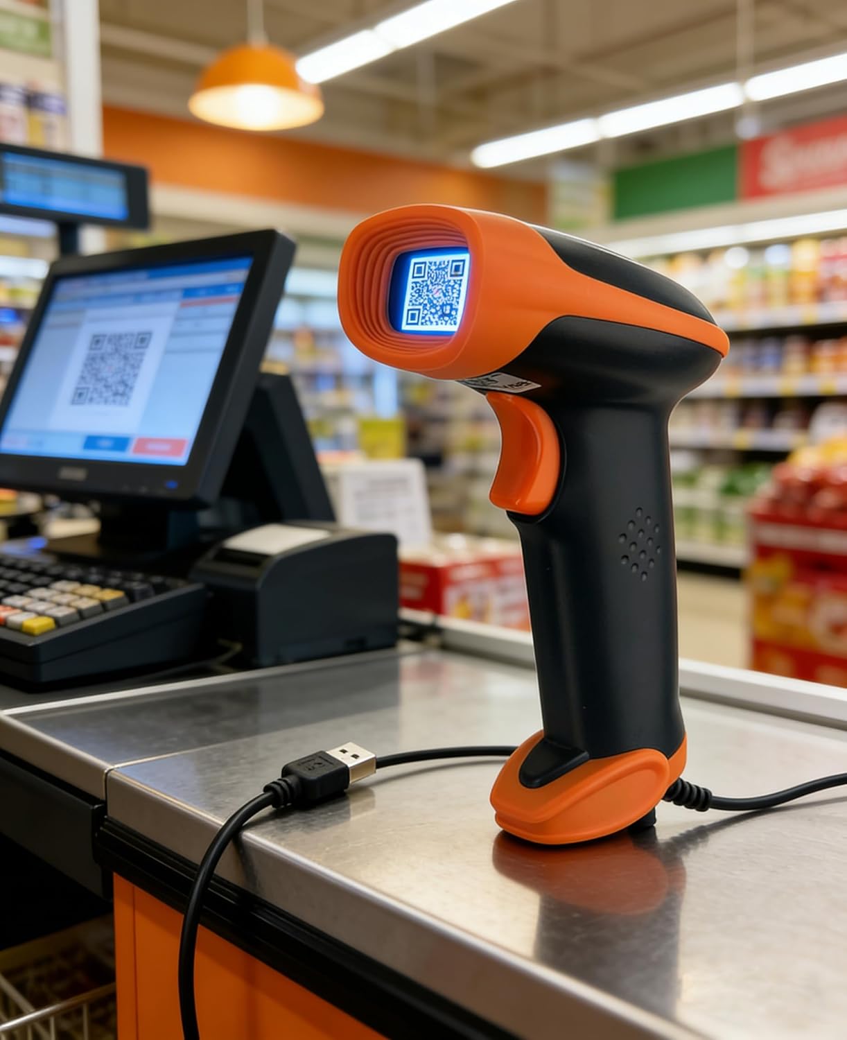 1D 2D QR Barcode Scanner Wireless and Wired Mini Barcode Scanner Bluetooth Bar Code Reader Cordless Handheld Inventory Bar Code Reader with Long USB Cable for POS Mobile Payment Convenience Store