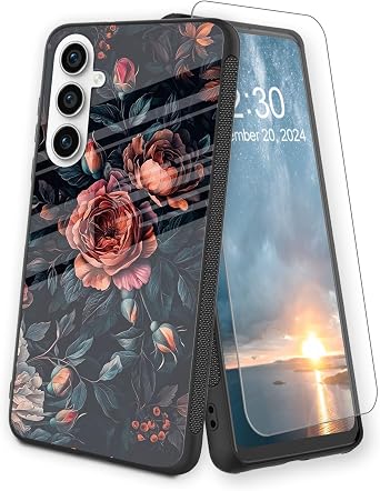 for Samsung Galaxy S25 Plus Case 6.7" Built-in Screen Protector & Anti-Scratch Tempered Glass Back | Shockproof Protection Floral Roses Phone Cover for S25 Plus Case